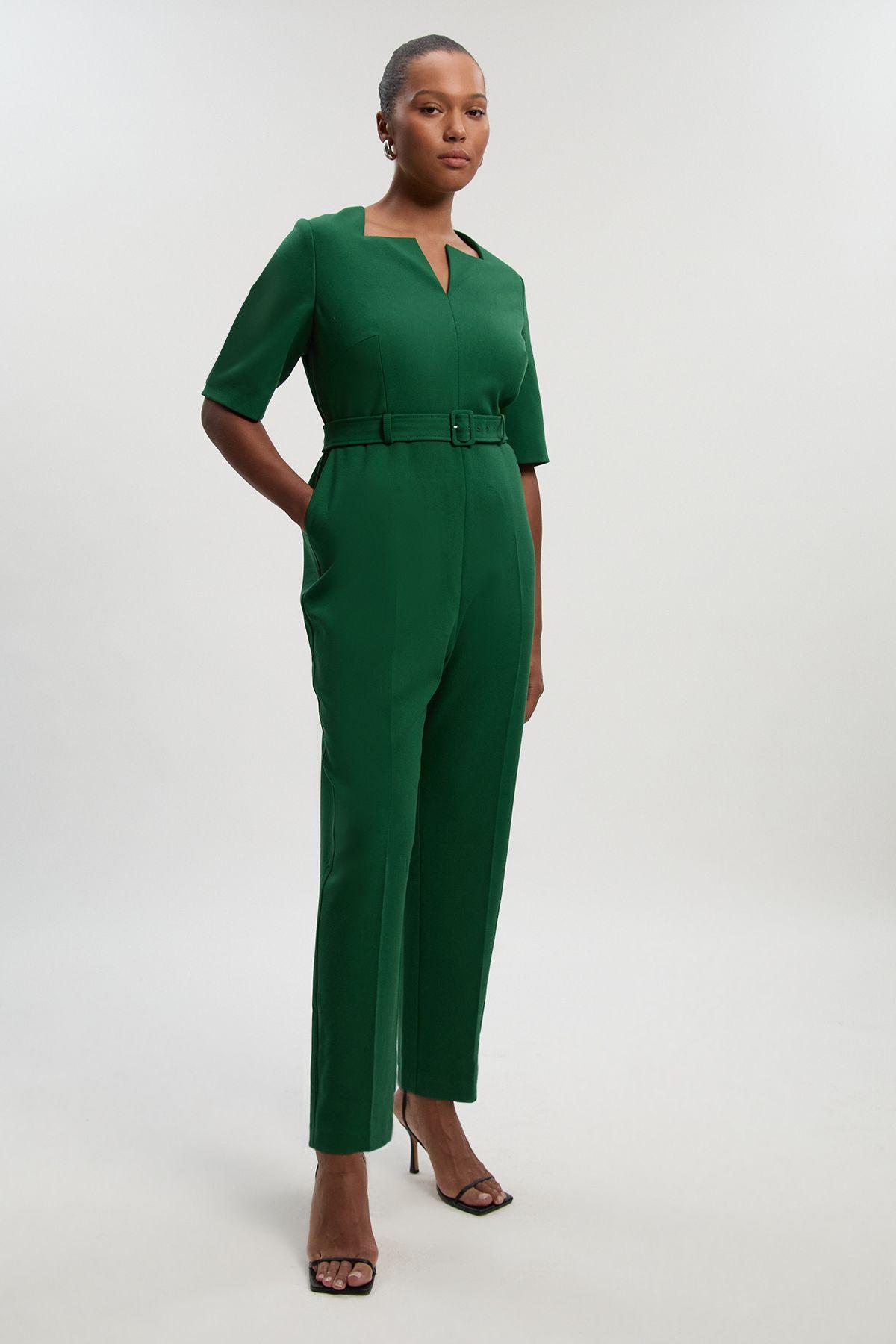 Plus Size Structured Crepe Forever Notch Neck Belted Tailored Jumpsuit by KARENMILLEN