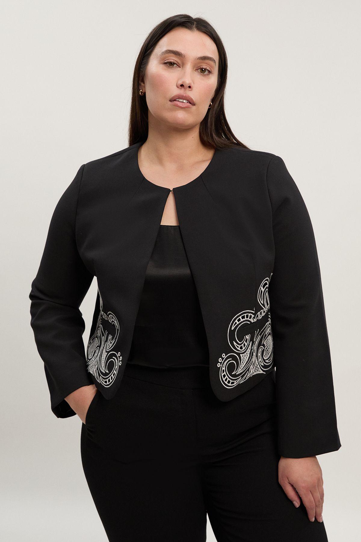 Plus Size Tailored Cutwork Detail Collarless Jacket by KARENMILLEN