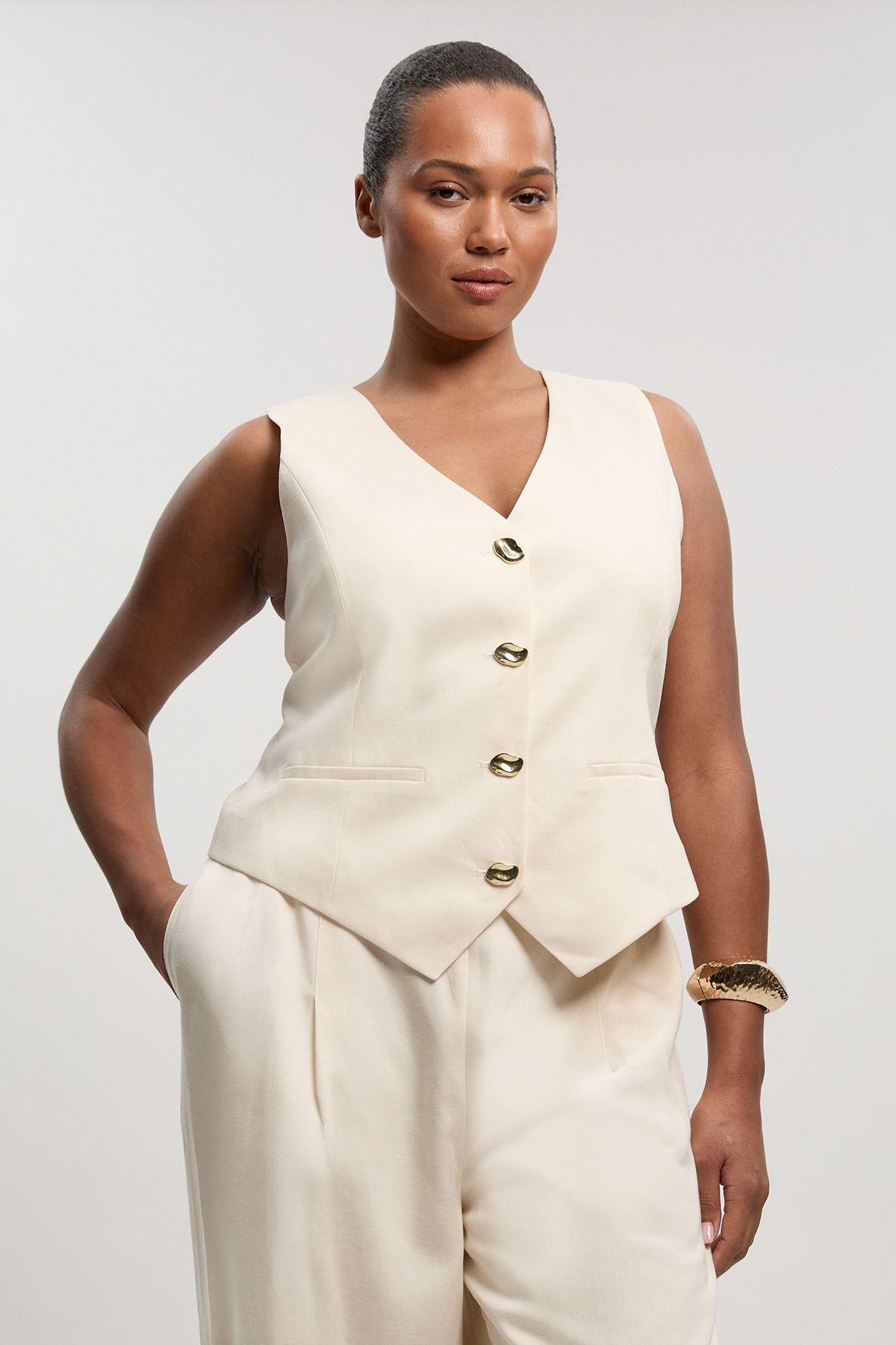 Plus Size Tailored Linen Corset Back Detail Waistcoat by KARENMILLEN