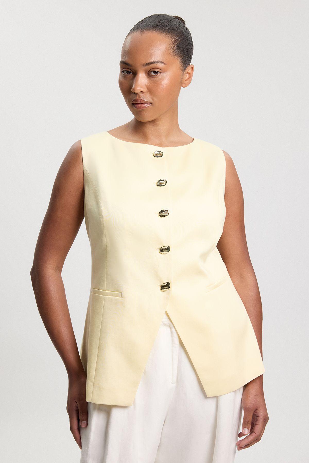 Plus Size Tailored Linen Statement Button Front Waistcoat by KARENMILLEN
