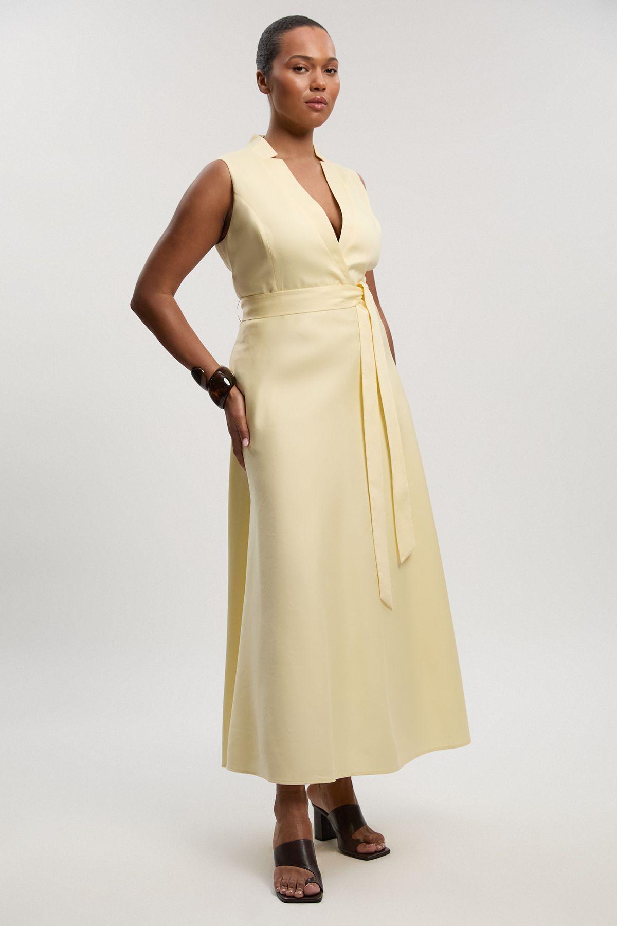 Plus Size Tailored Linen Wrap Tie Waisted Maxi Dress by KARENMILLEN