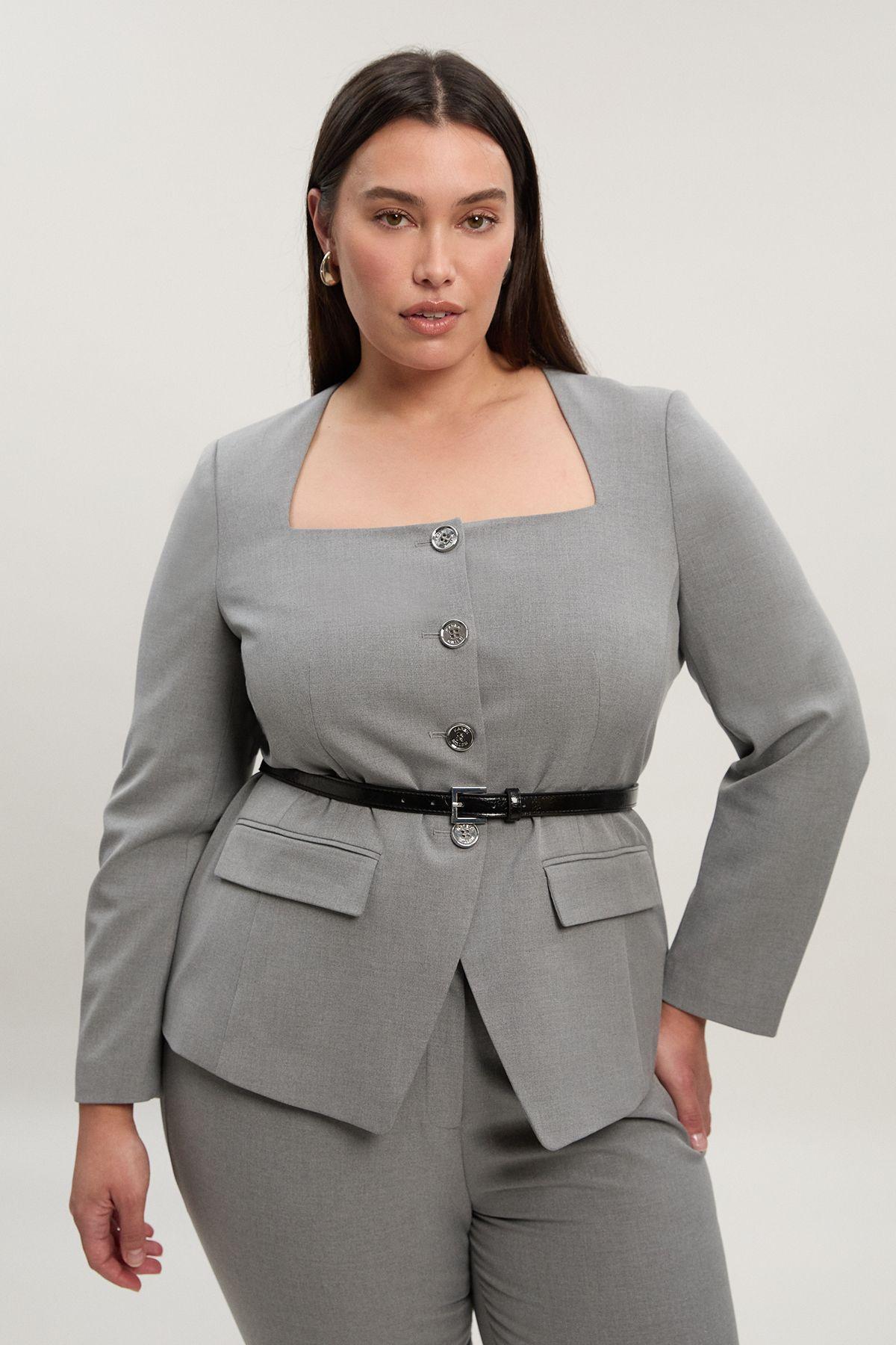 Plus Size Tailored Marl Belted Square Neck Blazer by KARENMILLEN