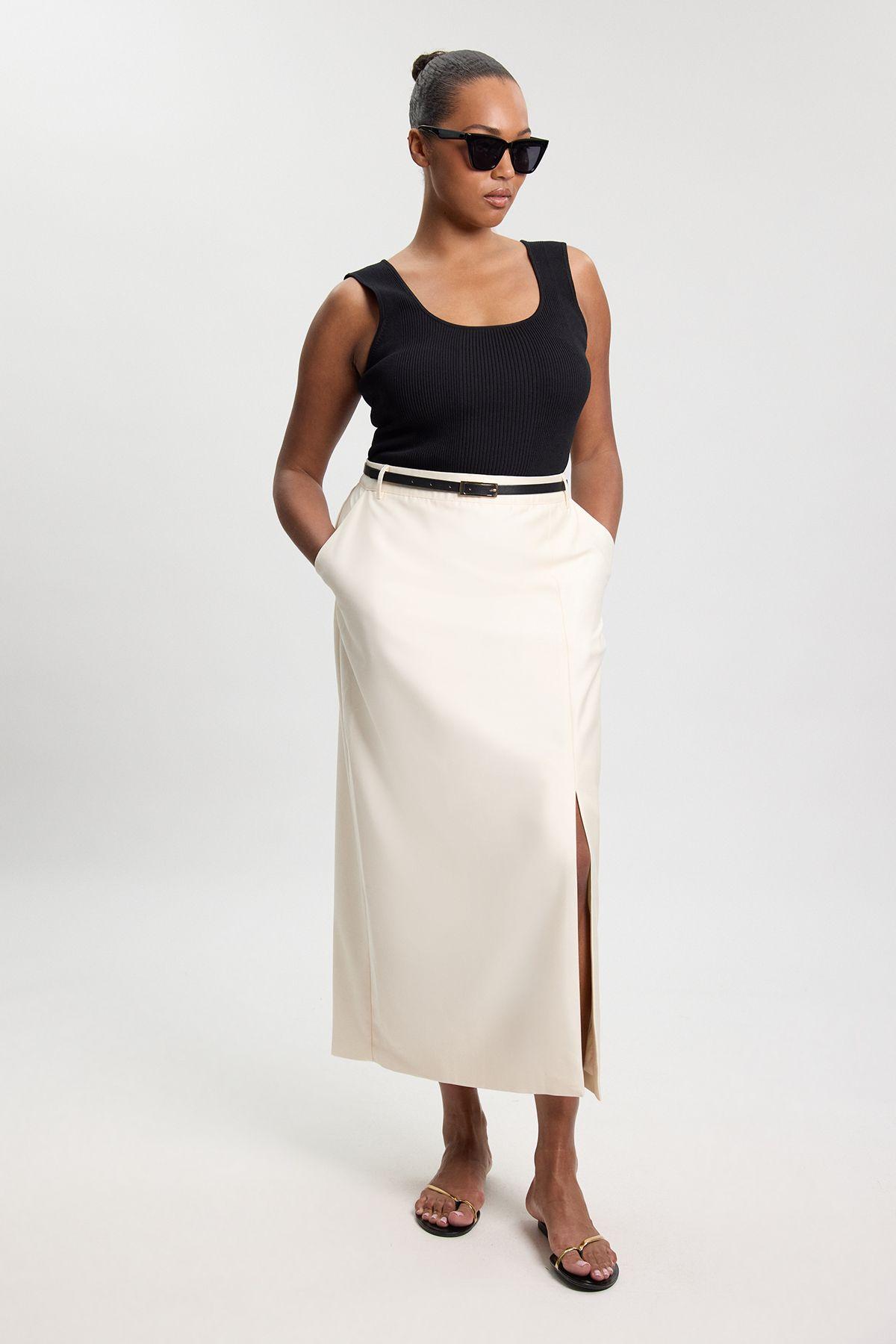 Plus Size Tailored Satin Midi Pencil Skirt by KARENMILLEN