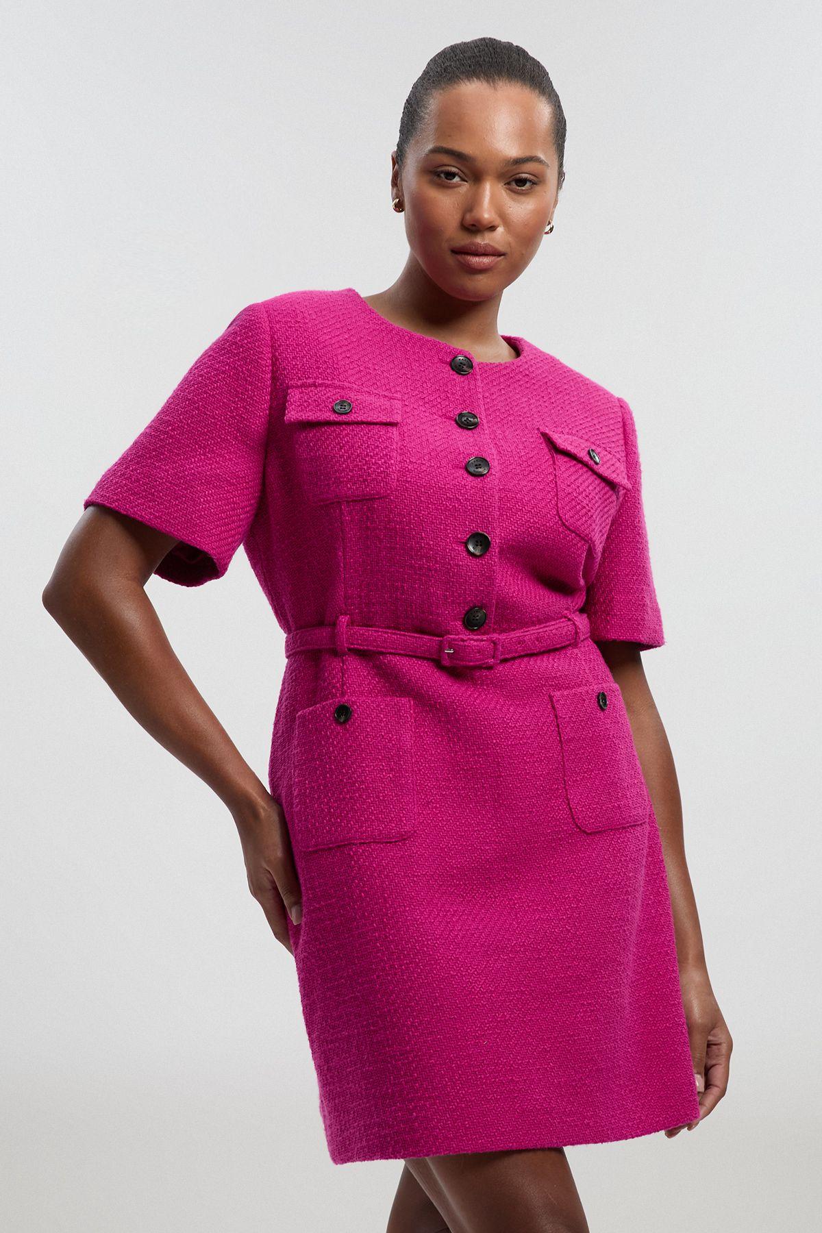 Plus Size Textured Tweed Belted Tailored Mini Dress by KARENMILLEN
