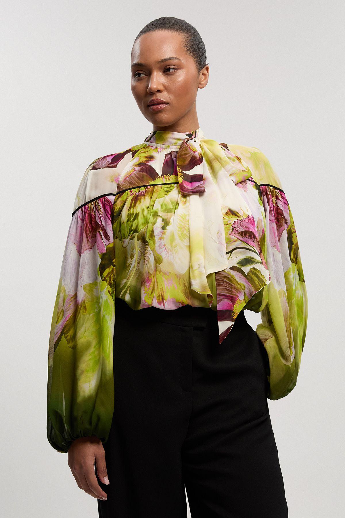 Plus Size Viscose Floral Print Woven Tie Neck Blouse by KARENMILLEN