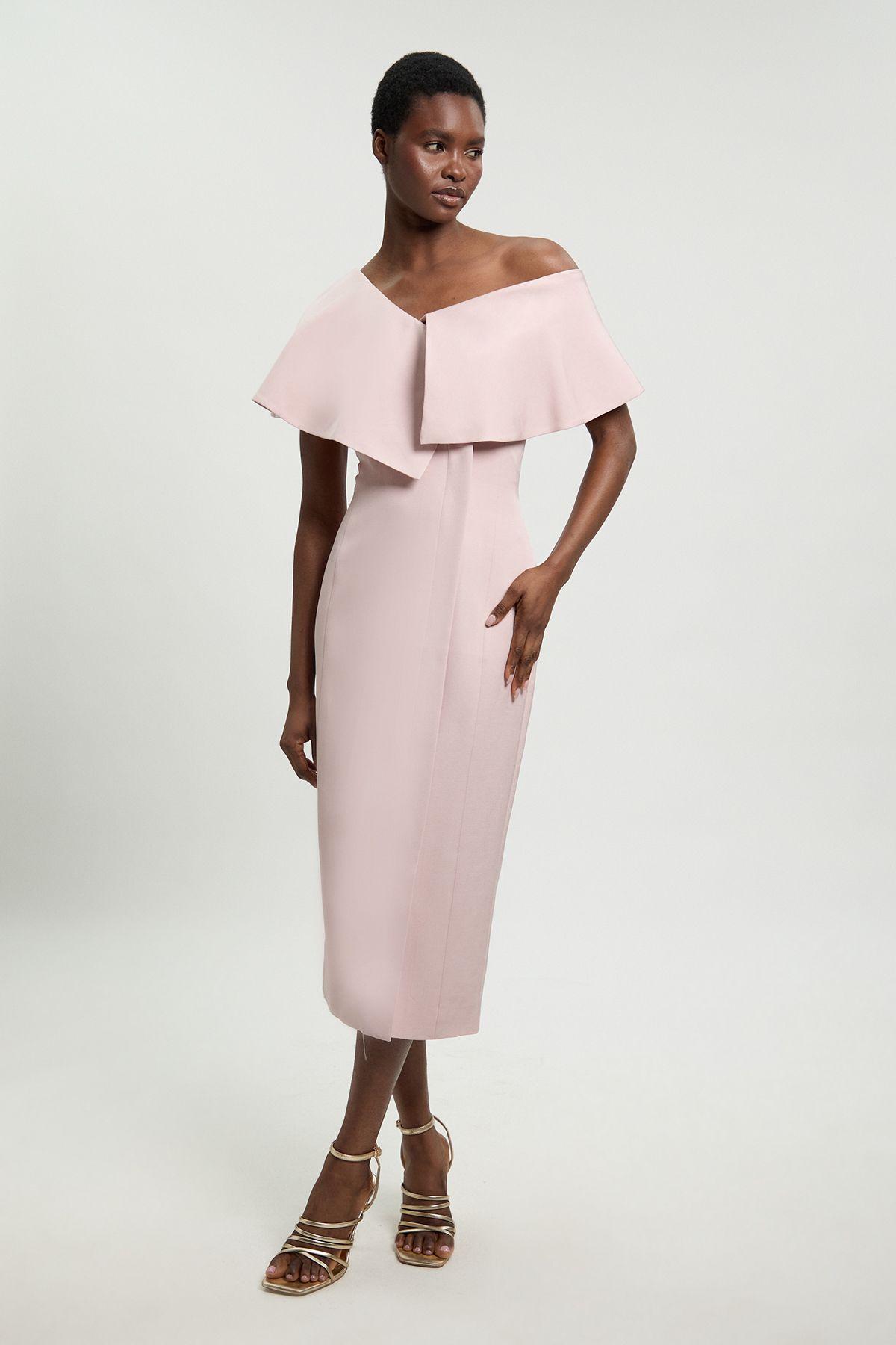 Polished Linen Blend Asymmetric Fold Detail Tailored Midi Pencil Dress by KARENMILLEN