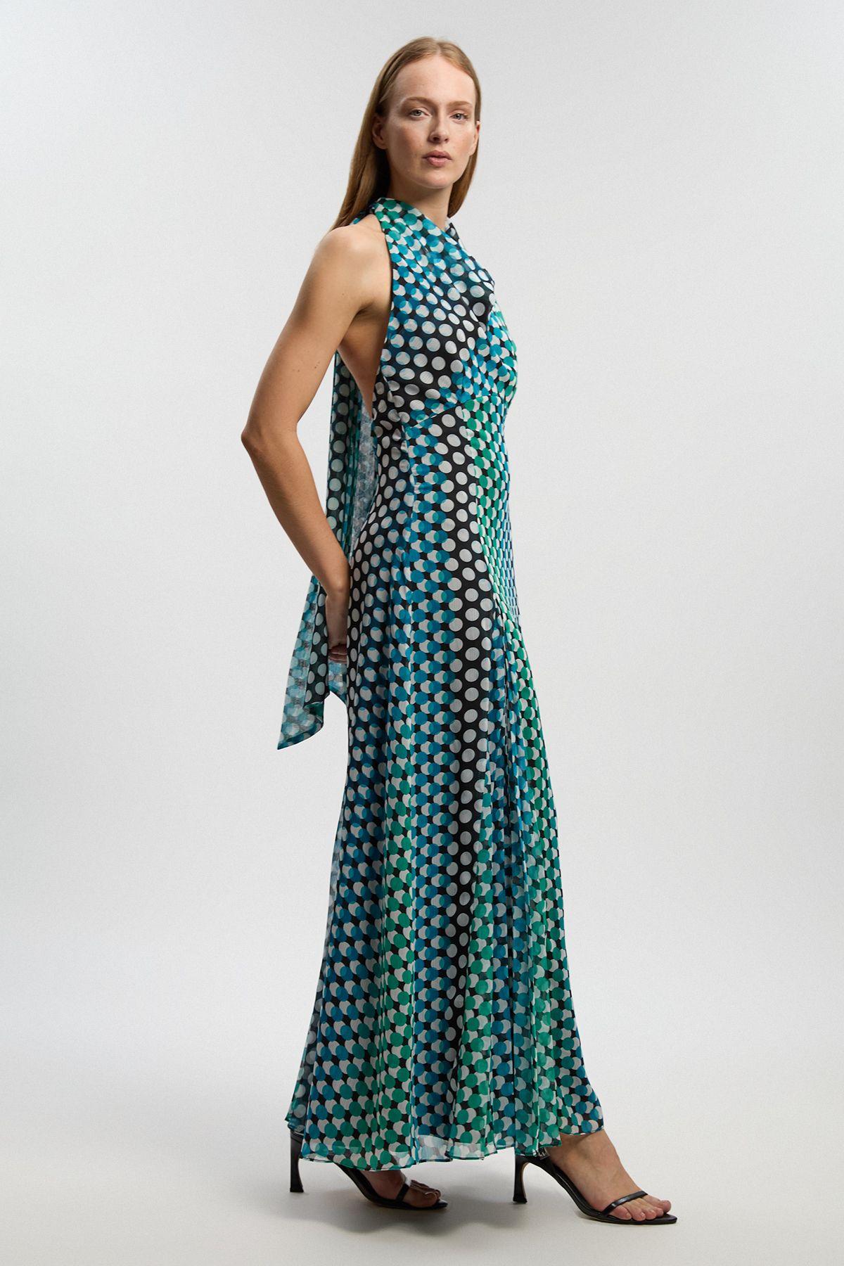 Polka Dot Drama Halter Pleat Insert Woven Maxi Dress by KARENMILLEN