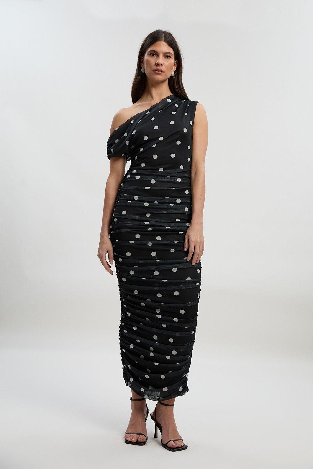 Polka Dot Mesh One Shoulder Ruched Midi Dress by KARENMILLEN