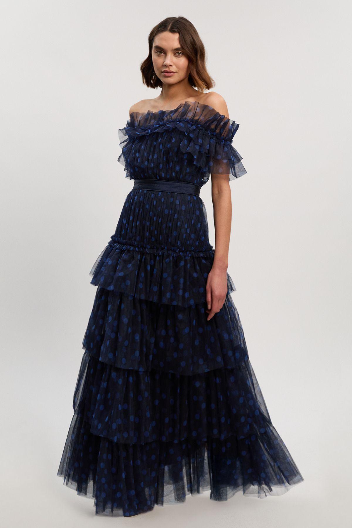 Polka Dot Tulle Layered Off The Shoulder Maxi Dress by KARENMILLEN