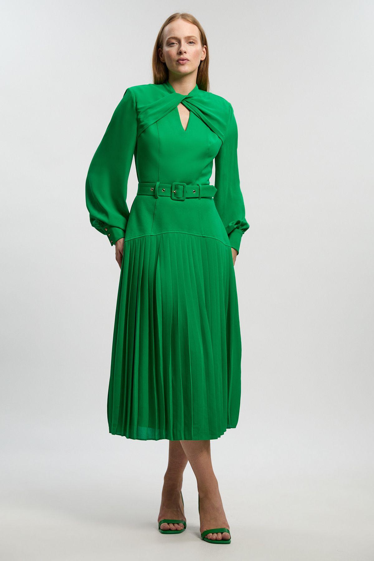 Ponte And Georgette Mix Balloon Sleeve Cut Out Detail Pleated Maxi Dress by KARENMILLEN
