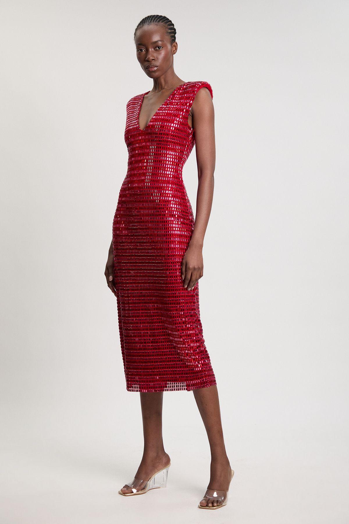 Premium Crystal Embellished Jersey Sleeveless Plunge Neck Midi Dress by KARENMILLEN
