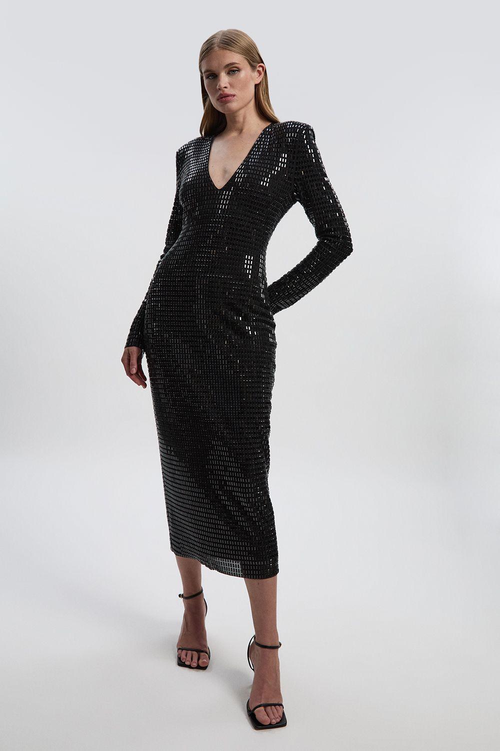 Premium Crystal Embellished Long Sleeve Plunge Neck Midi Dress by KARENMILLEN