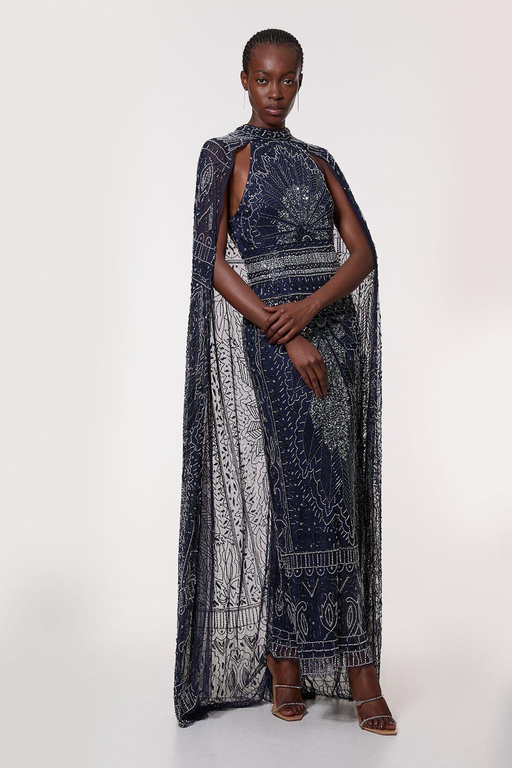 Premium Embellished High Neck Woven Maxi Dress With Cape by KARENMILLEN