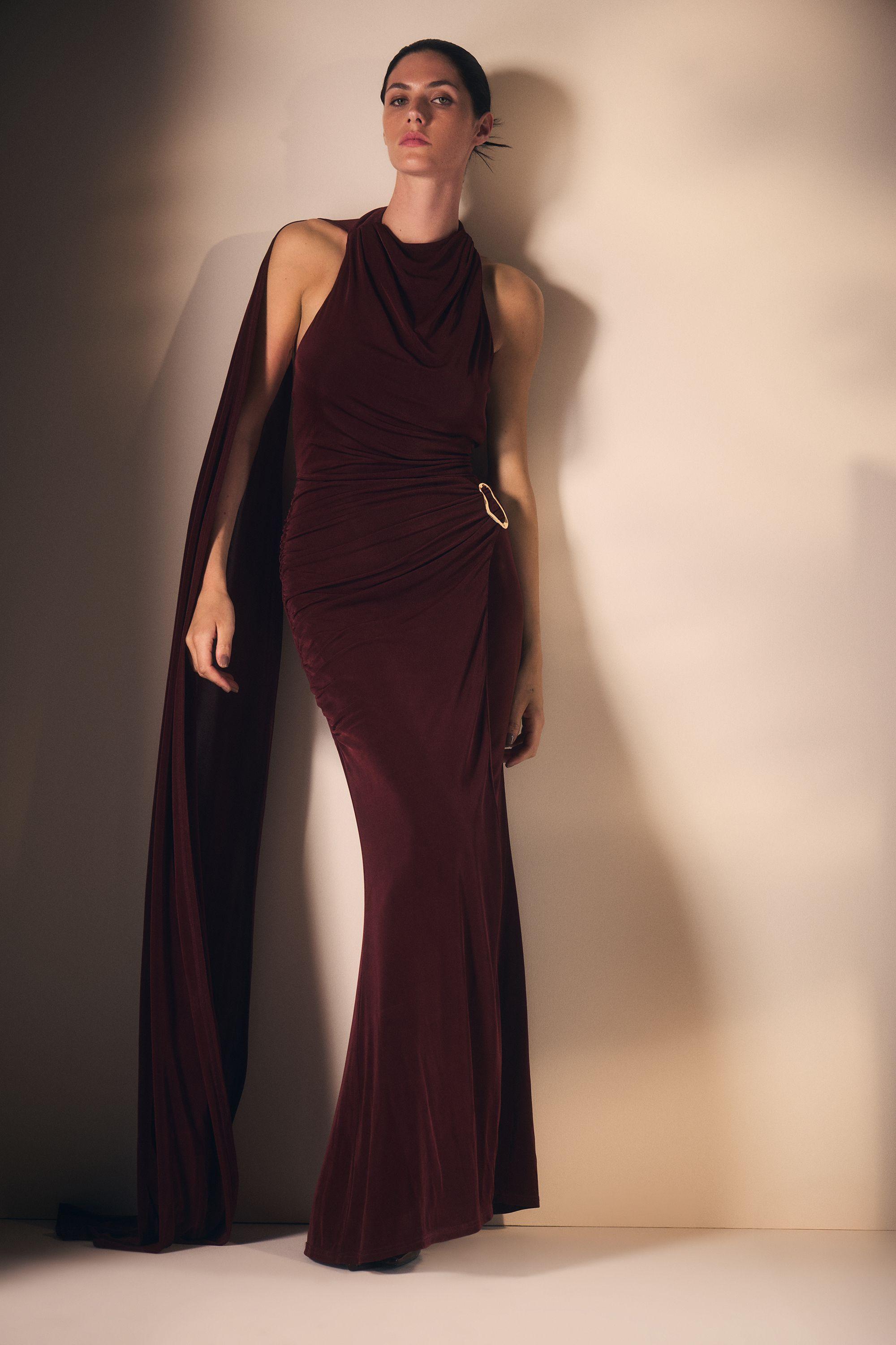 Premium Slinky Crepe High Neck Scarf Detail Maxi Dress by KARENMILLEN