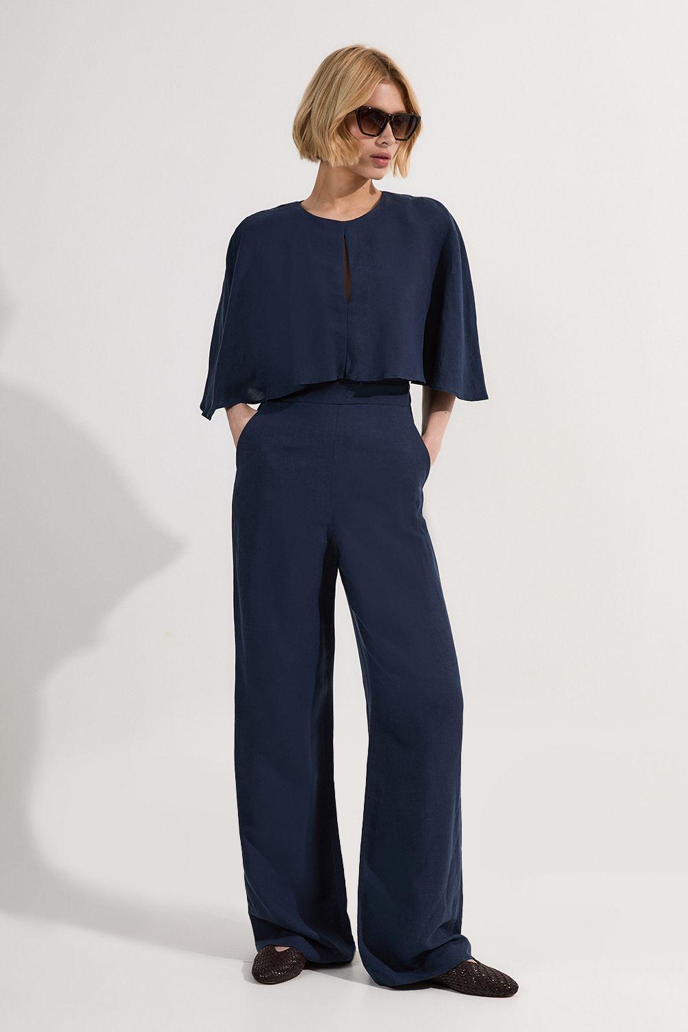 Premium Tailored Linen Drama Cape Jumpsuit by KARENMILLEN