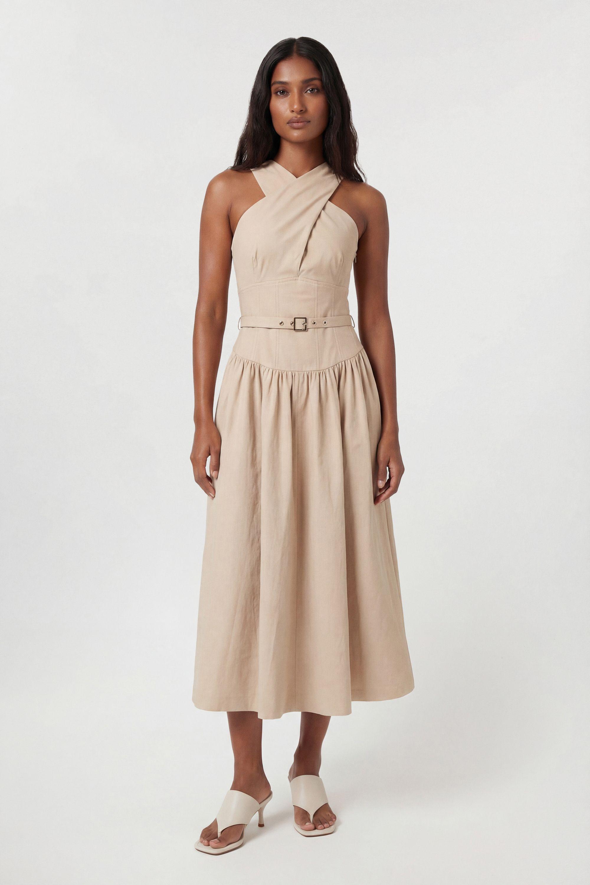 Premium Tailored Linen Halter Neck Belted Full Midi Dress by KARENMILLEN