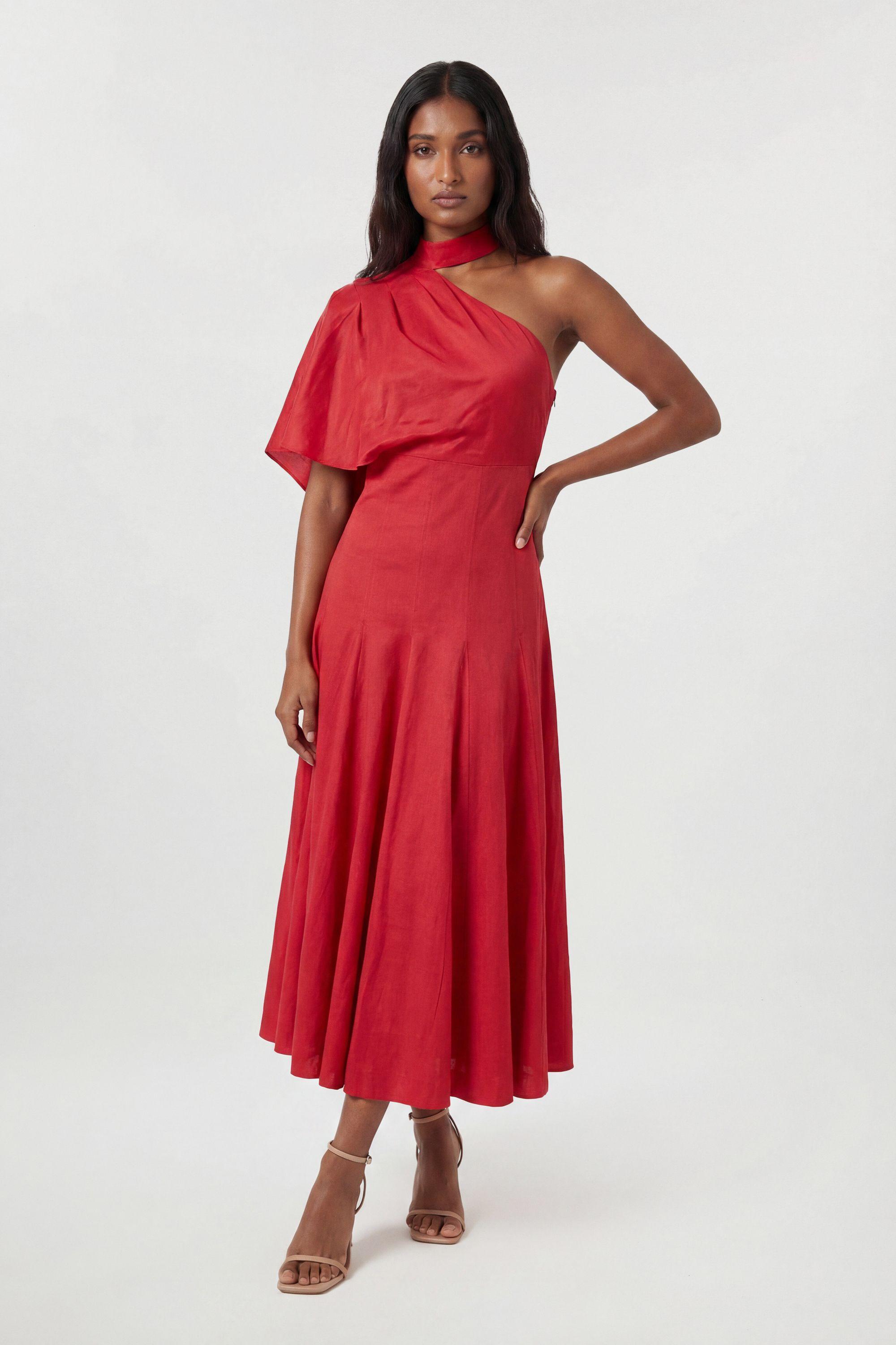 Premium Tailored Linen High Neck One Shoulder Full Midi Dress by KARENMILLEN