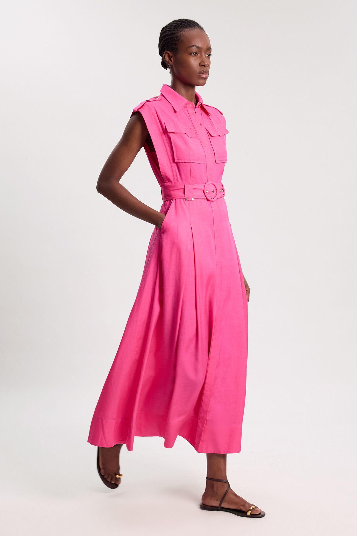 Premium Viscose Linen Belted Woven Midaxi Dress With Gold Hardware Detail by KARENMILLEN