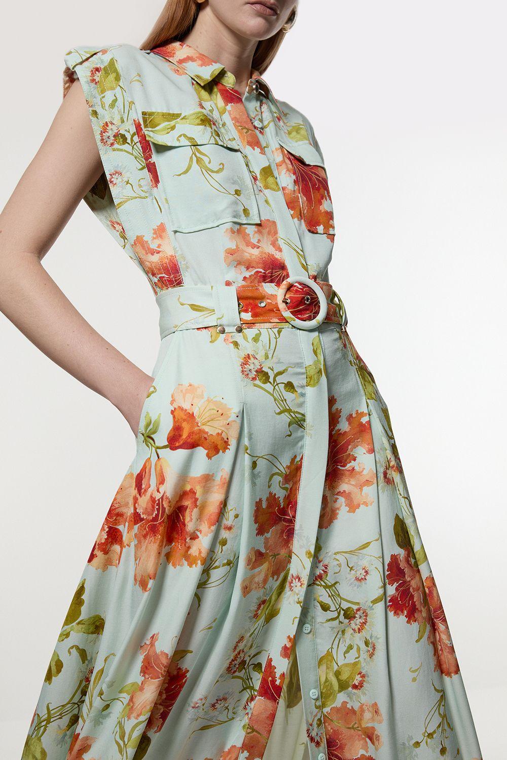 Premium Viscose Linen Floral Belted Woven Midi Dress With Gold Hardware Detail by KARENMILLEN Premium Viscose Linen Floral Belted Woven Midi Dress With Gold Hardware Detail by KARENMILLEN
