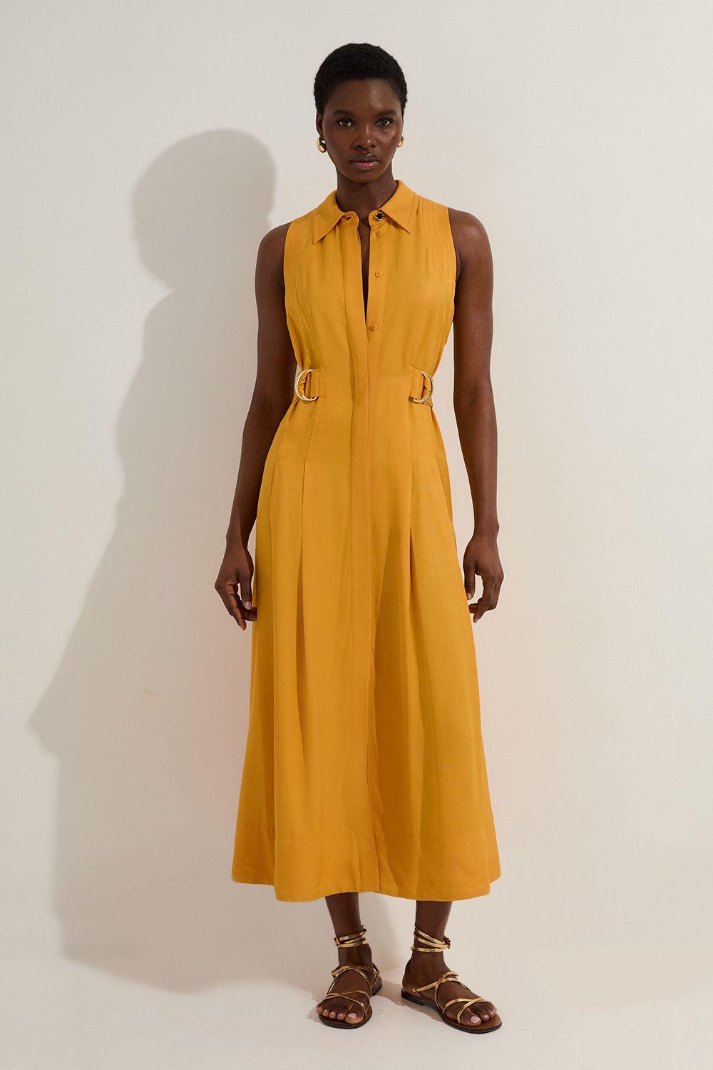 Premium Viscose Linen Topstitch Halter Neck Woven Midi Dress With D Ring Detail by KARENMILLEN