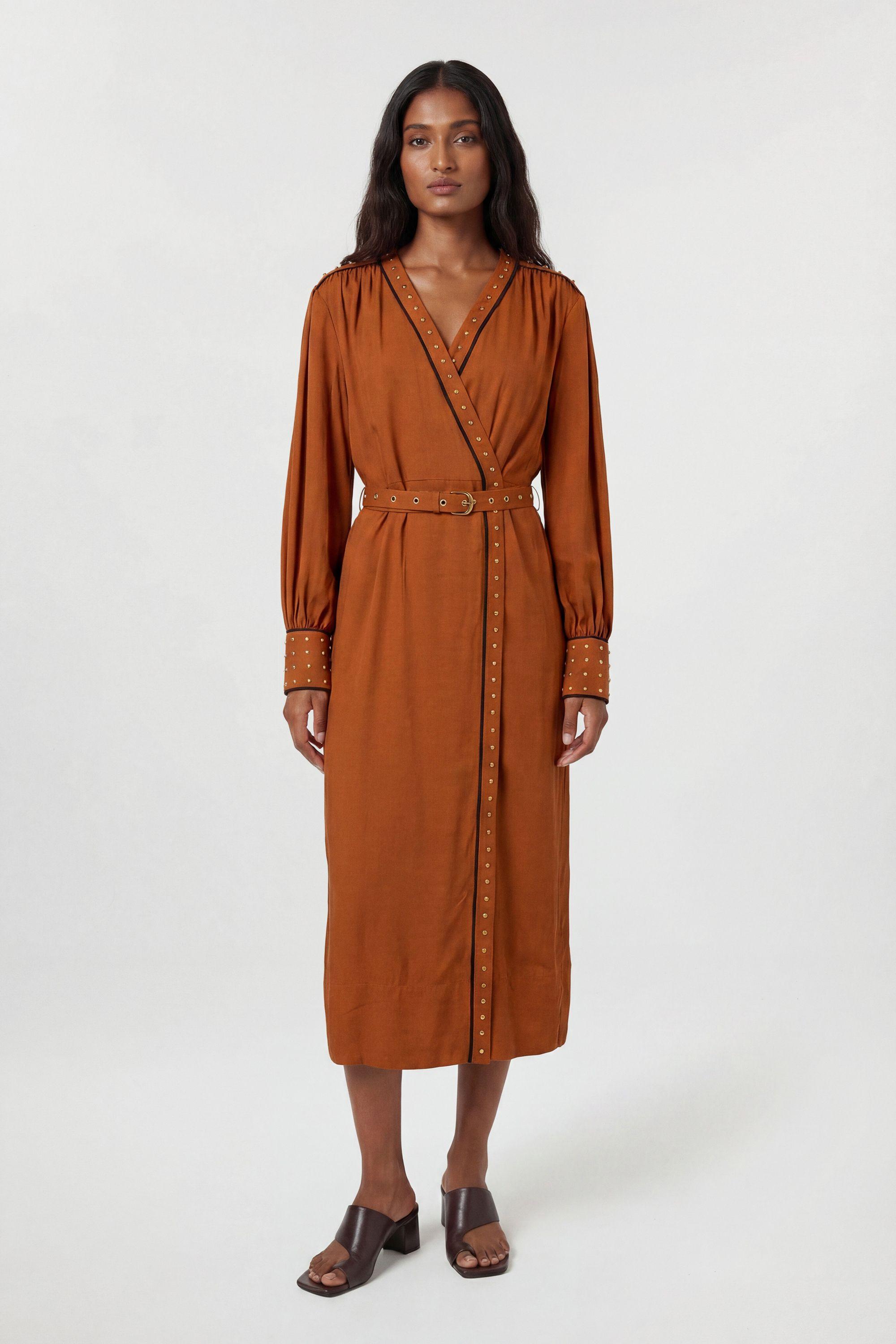 Premium Viscose Linen Woven Wrap Dress With Stud Detail by KARENMILLEN