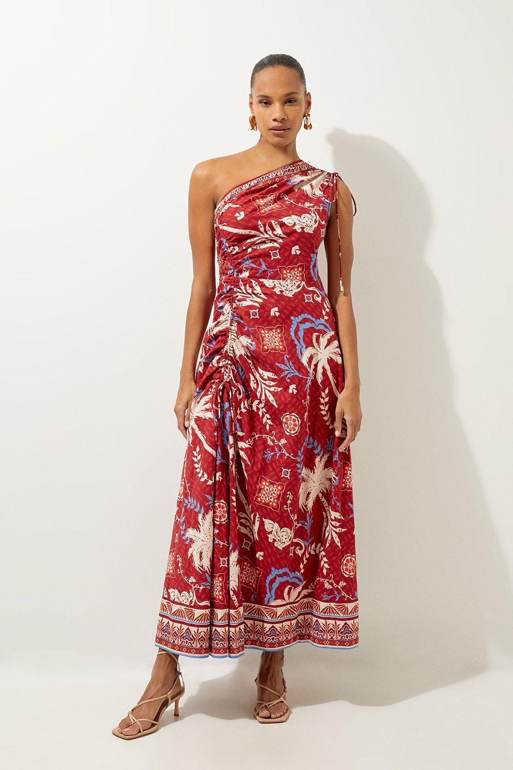 Printed Cotton Voile One Shoulder Midi Beach Dress by KARENMILLEN Printed Cotton Voile One Shoulder Midi Beach Dress by KARENMILLEN