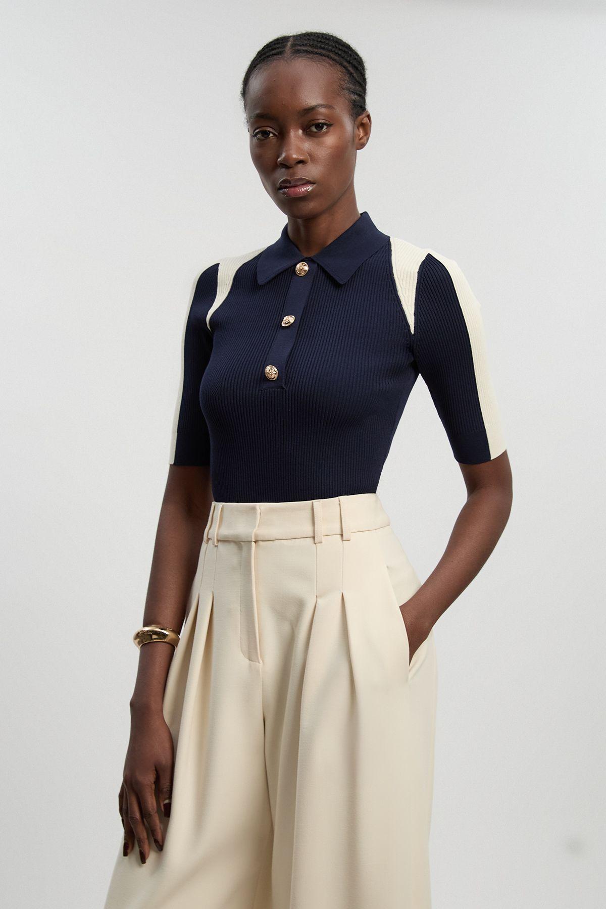 Rib Knit Military Colour Block Short Sleeve Top by KARENMILLEN