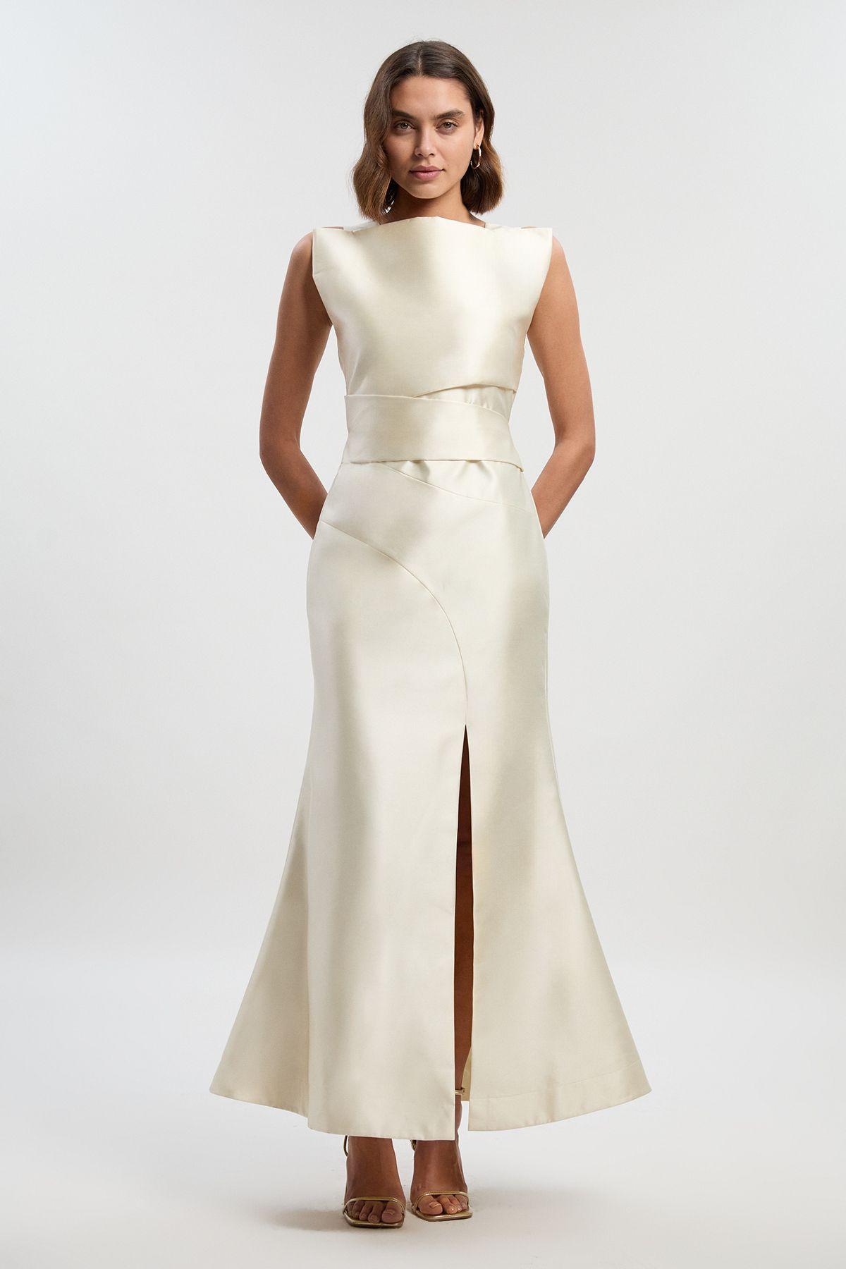 Satin Twill Draped Waist Structured Tailored Maxi Dress by KARENMILLEN