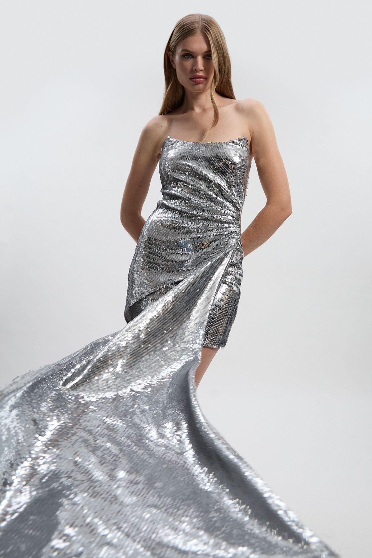 Sequin Bandeau Train Detail Mini Dress by KARENMILLEN