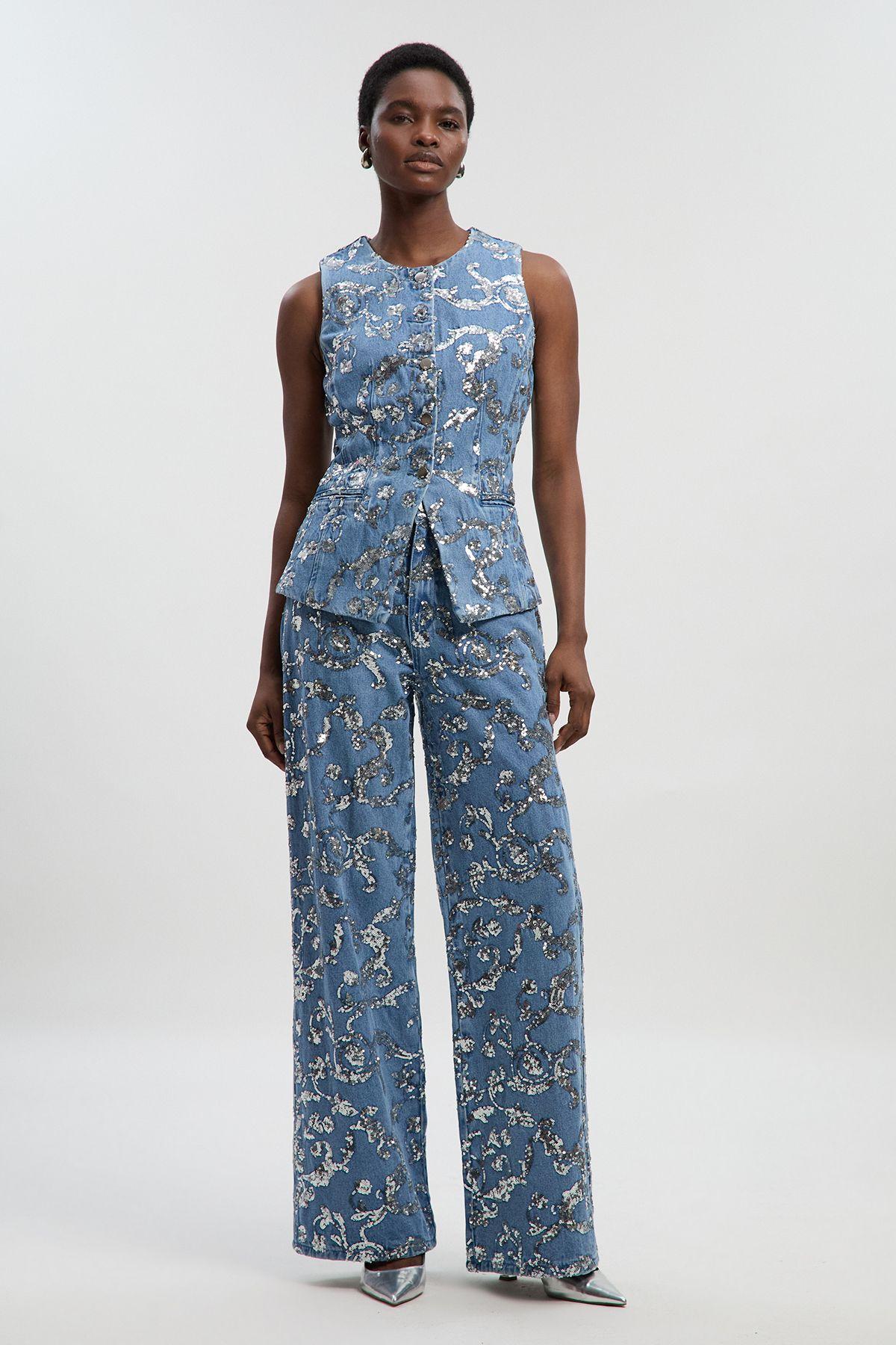 Sequin Denim Wide Leg Jeans by KARENMILLEN