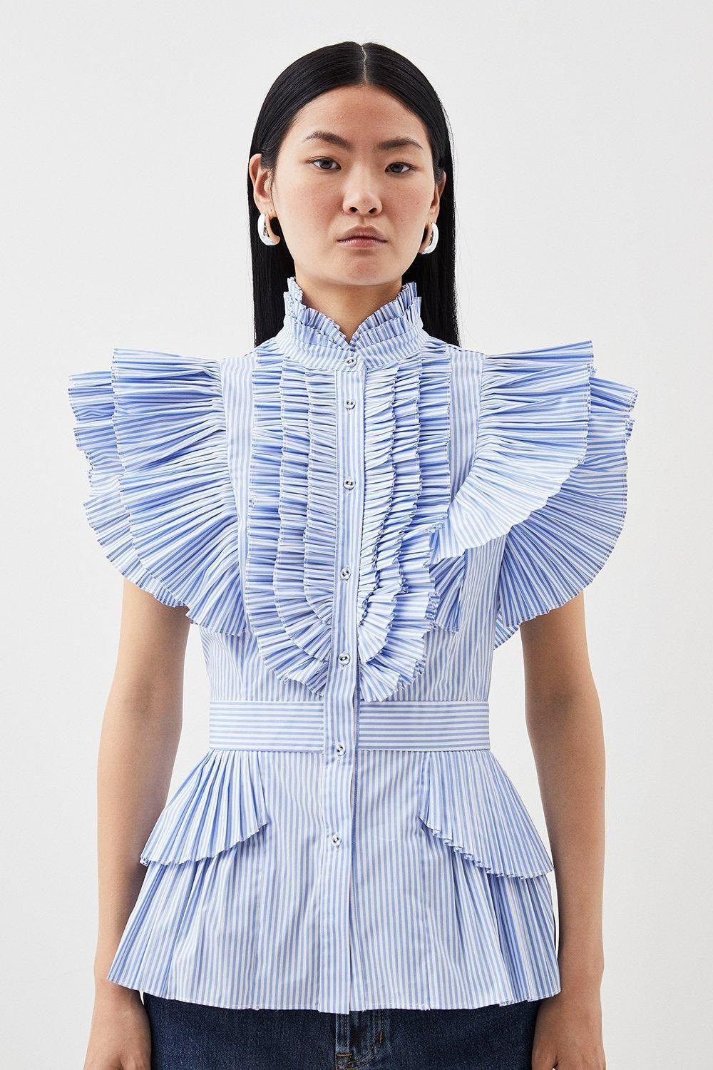Sleeveless Striped Pleated Ruffle Blouse by KARENMILLEN