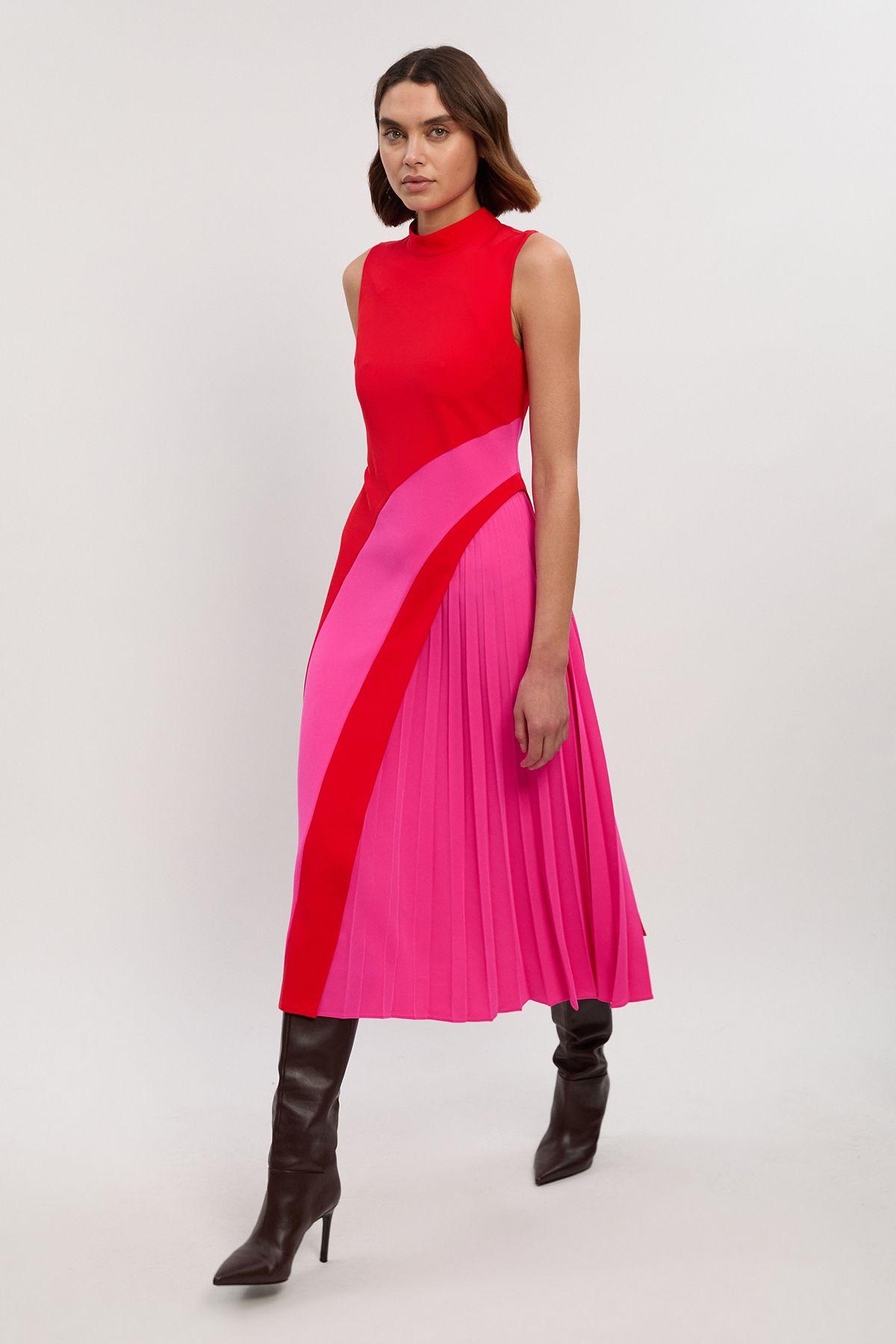 Soft Tailored Colour Block High Neck Pleated Midi Dress by KARENMILLEN