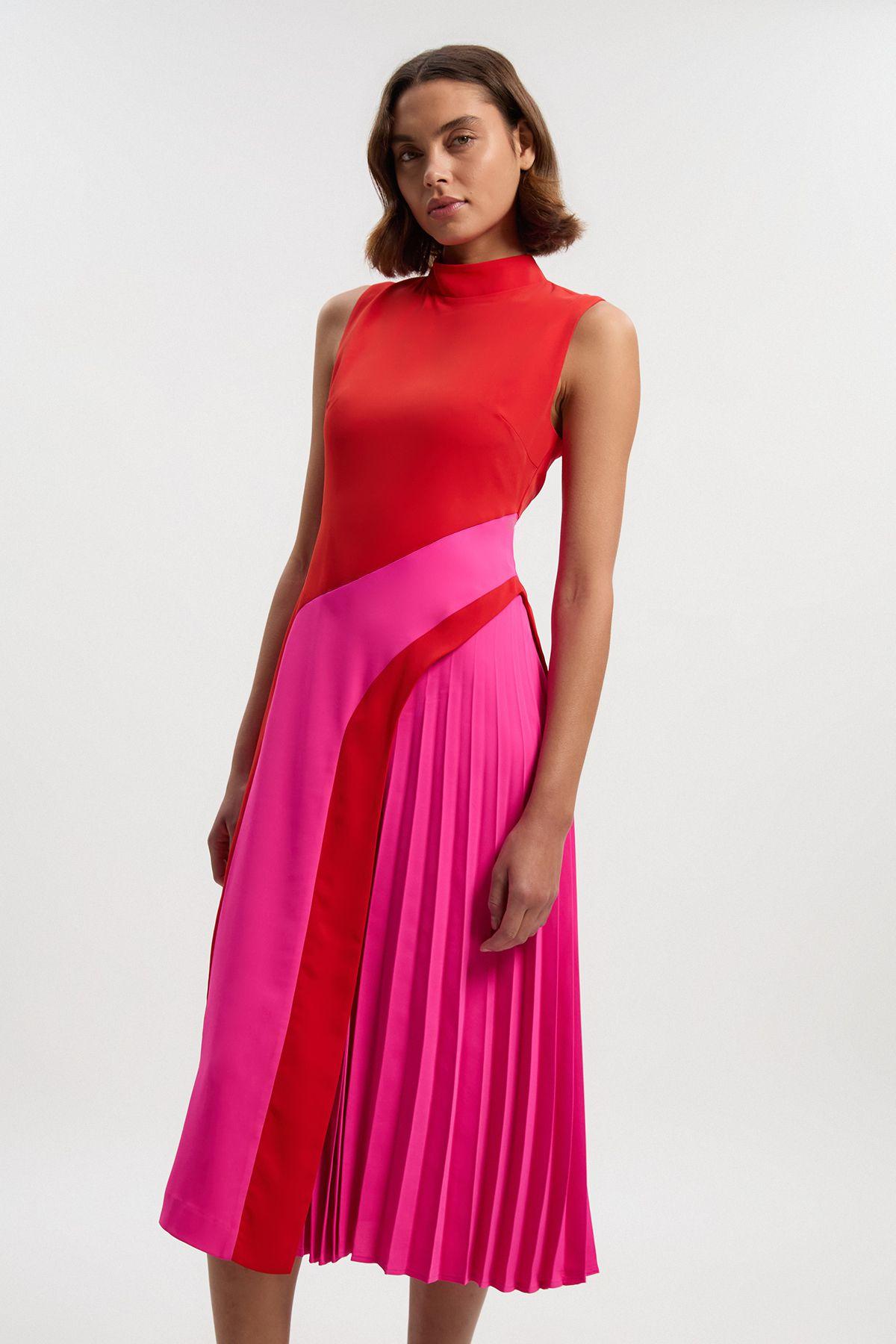Soft Tailored Colour Block High Neck Pleated Midi Dress by KARENMILLEN