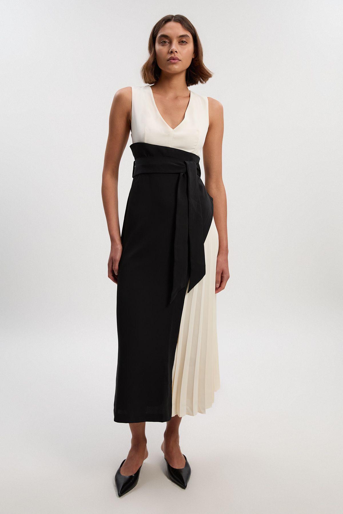 Soft Tailored Colour Block Side Pleated Midi Dress by KARENMILLEN