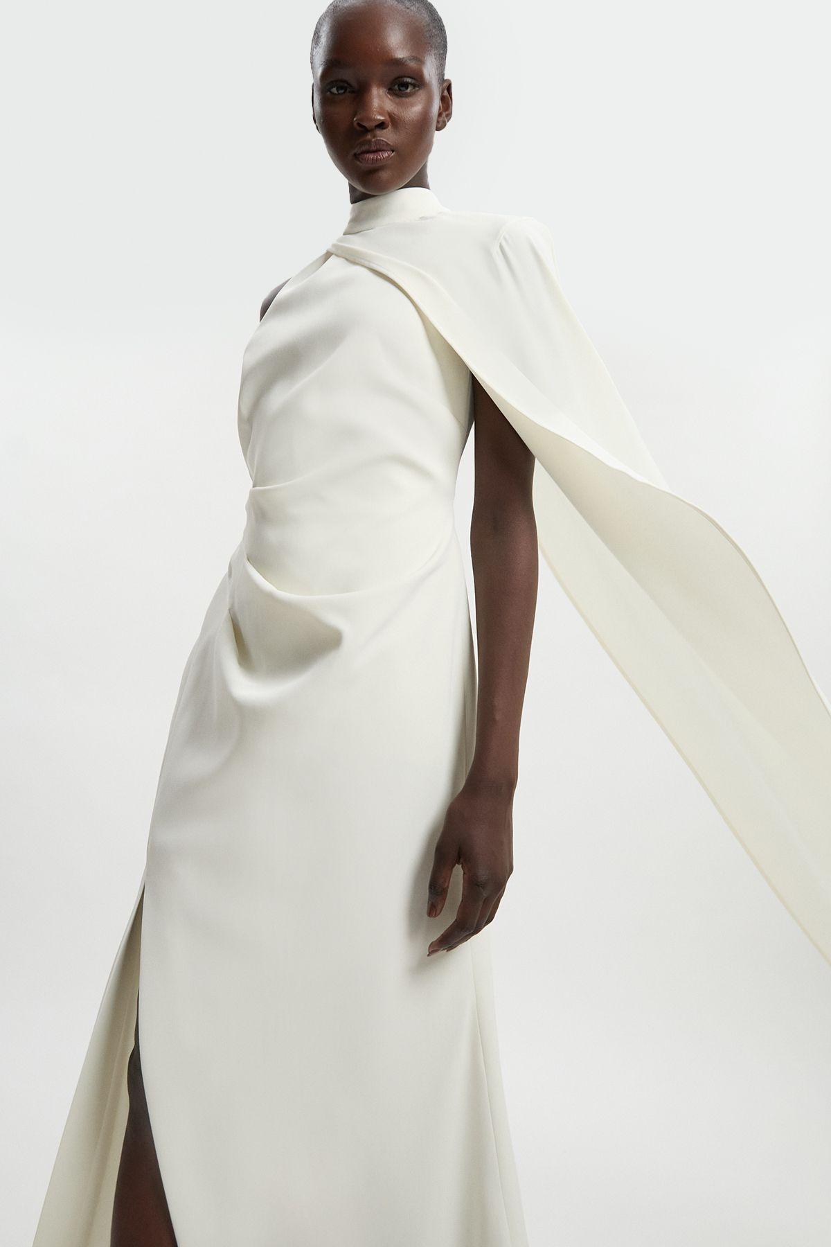 Soft Tailored One Shoulder Cape Sleeve Maxi Dress by KARENMILLEN
