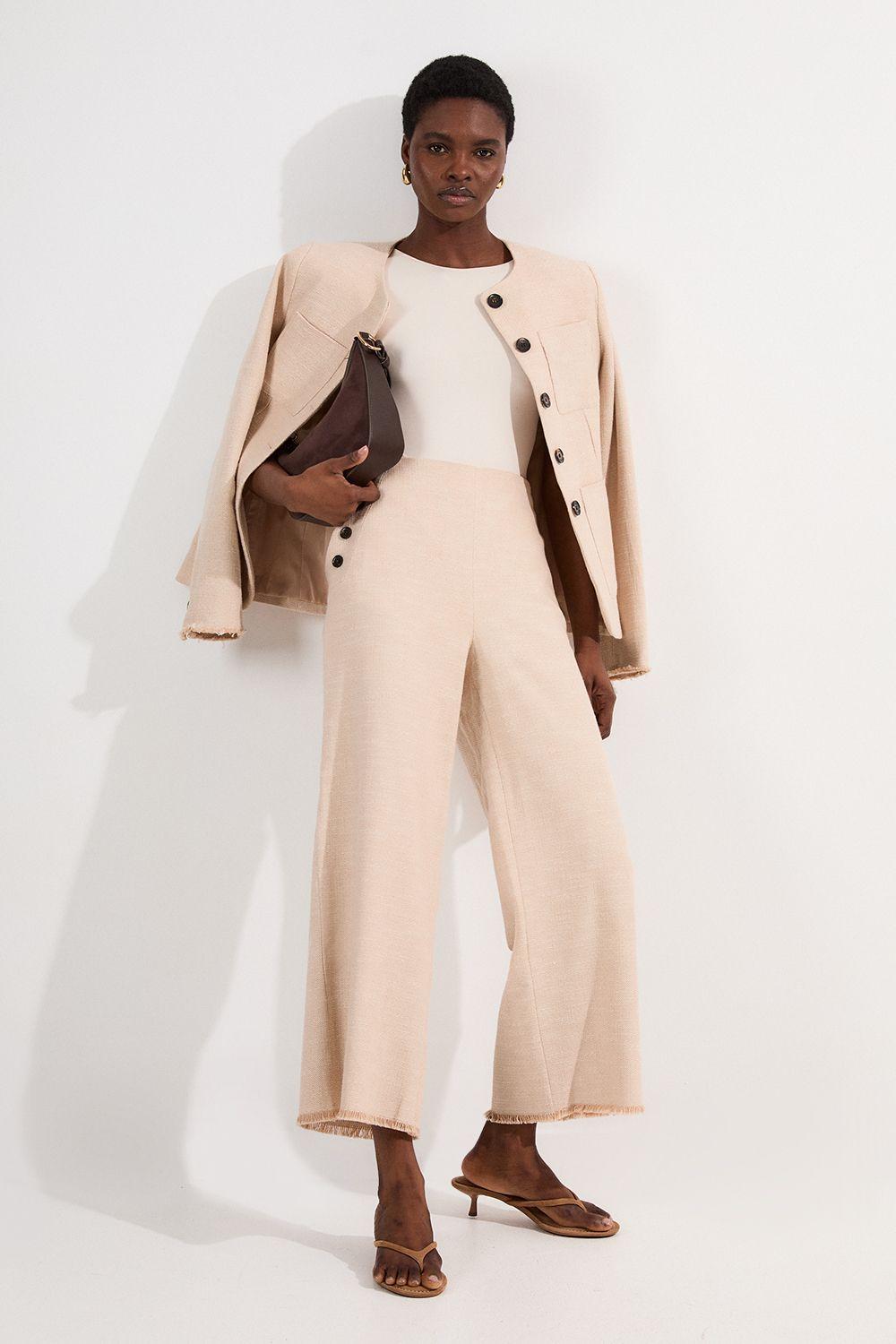 Spring Tweed Tailored Button Detail Cropped Wide Leg Trouser by KARENMILLEN Spring Tweed Tailored Button Detail Cropped Wide Leg Trouser by KARENMILLEN