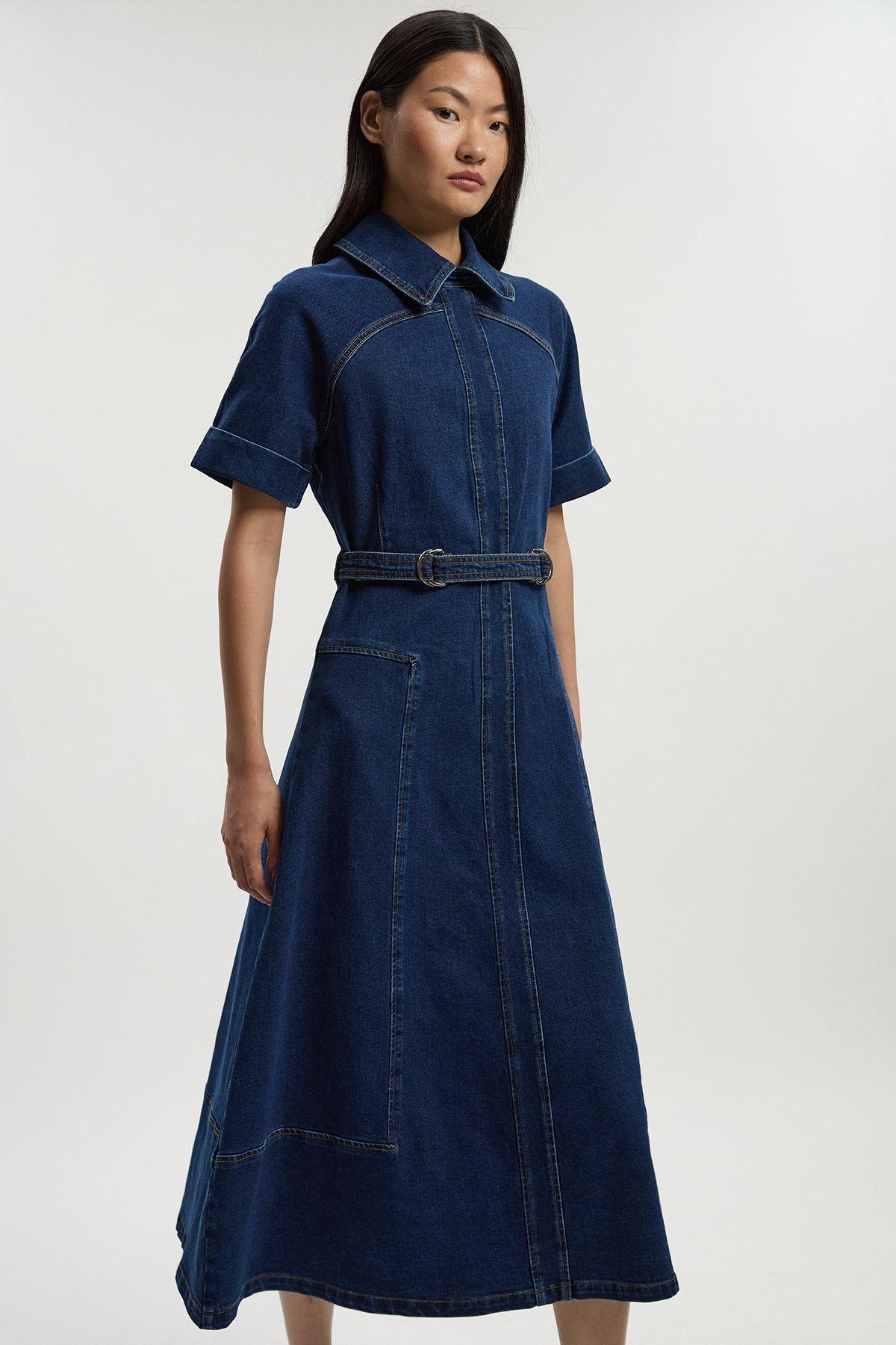 Stretch Denim Tab Belt Detail Midi Dress by KARENMILLEN Stretch Denim Tab Belt Detail Midi Dress by KARENMILLEN