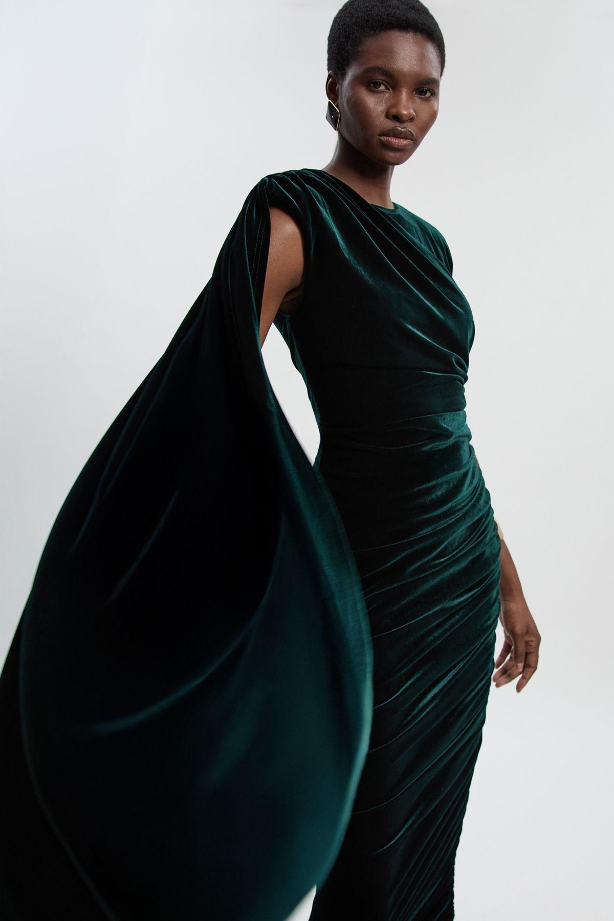 Stretch Velvet Crew Neck Cape Shoulder Maxi Dress by KARENMILLEN