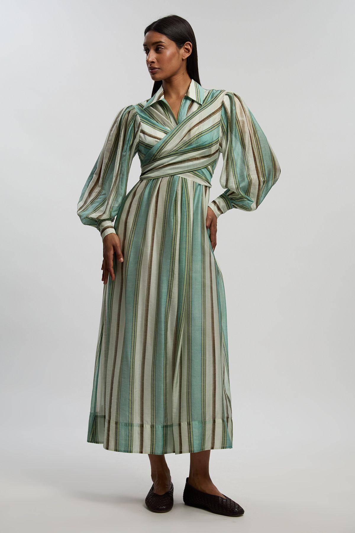 Stripe Slub Organdie Drama Sleeve Woven Wrap Detail Shirt Dress by KARENMILLEN