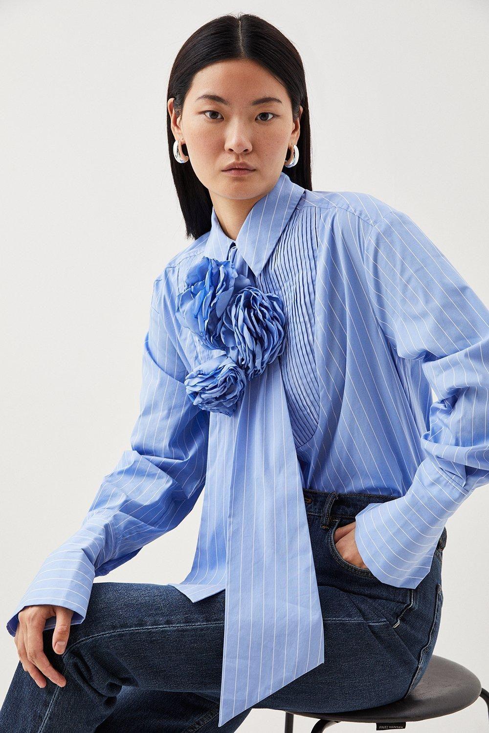 Striped Cotton Woven Shirt With Rosette by KARENMILLEN