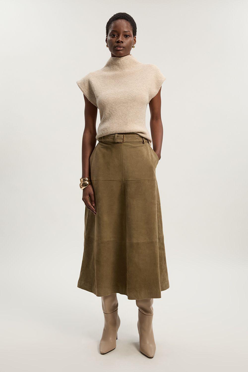 Suede Utility Belted Full Midi Skirt by KARENMILLEN