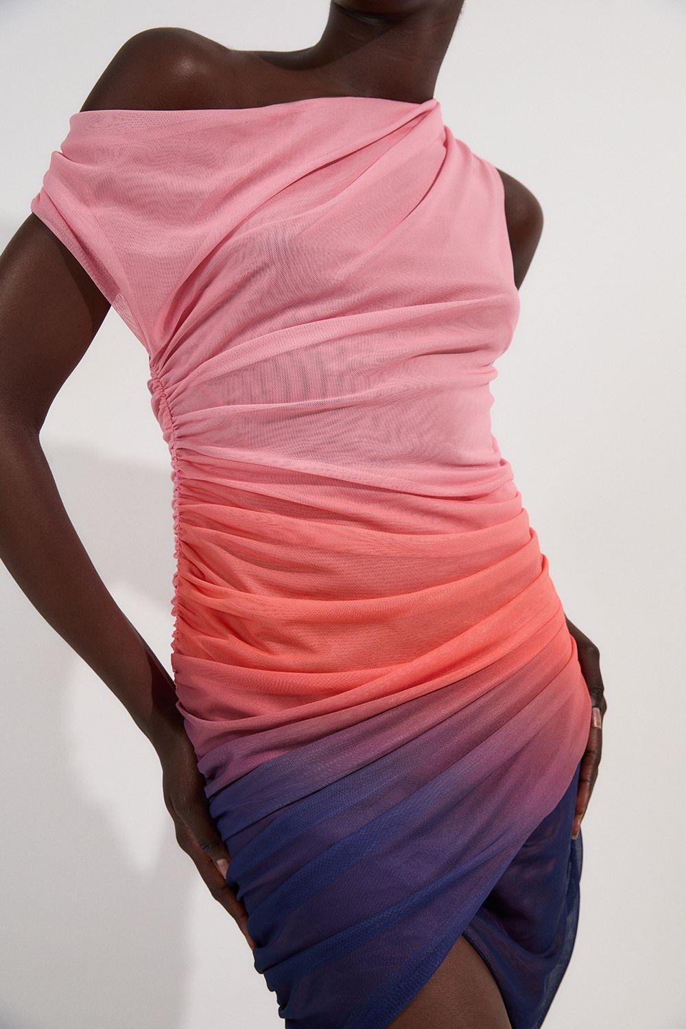 Sunset Ombre Mesh Asymmetric Draped Jersey Mini Dress by KARENMILLEN Sunset Ombre Mesh Asymmetric Draped Jersey Mini Dress by KARENMILLEN