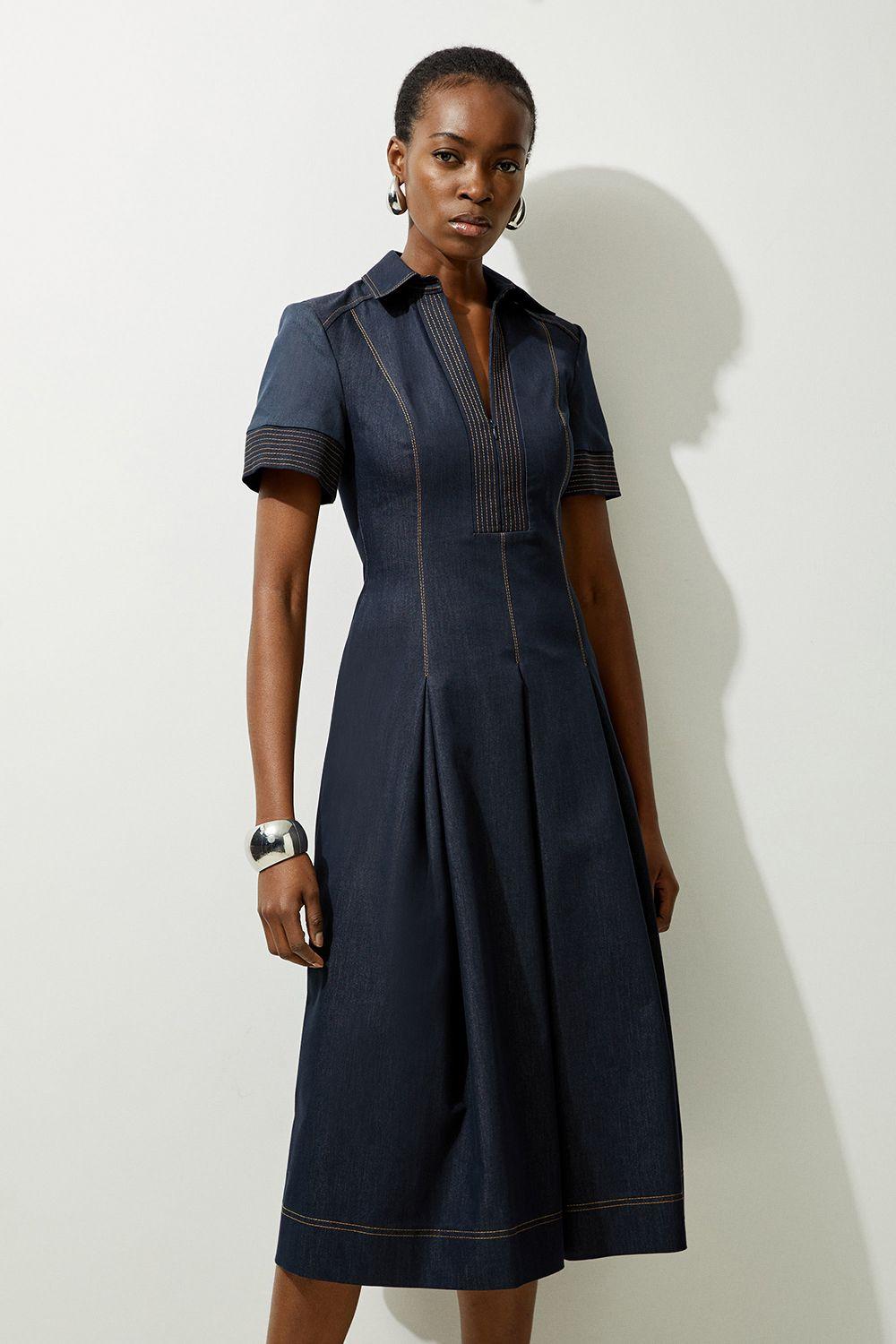 Tailored Denim Full Skirted Midi Shirt Dress by KARENMILLEN