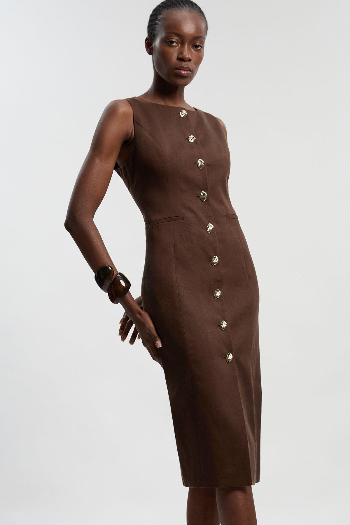 Tailored Linen Statement Button Front Pencil Midi Dress by KARENMILLEN