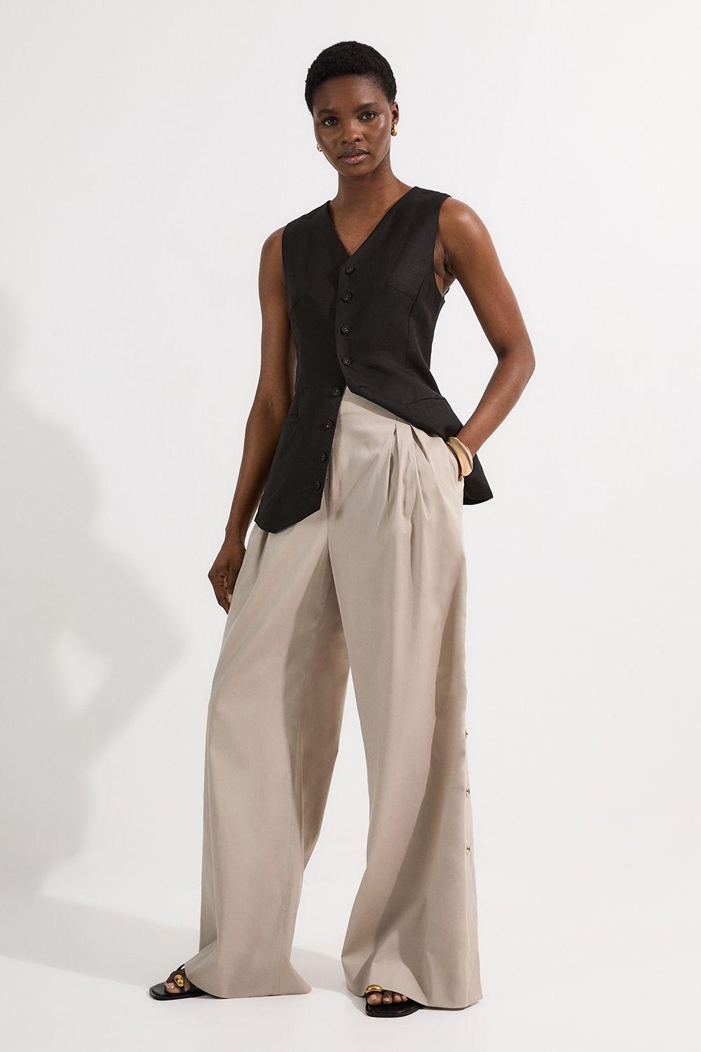 Tailored Polished Cotton Button Side Wide Leg Trousers by KARENMILLEN
