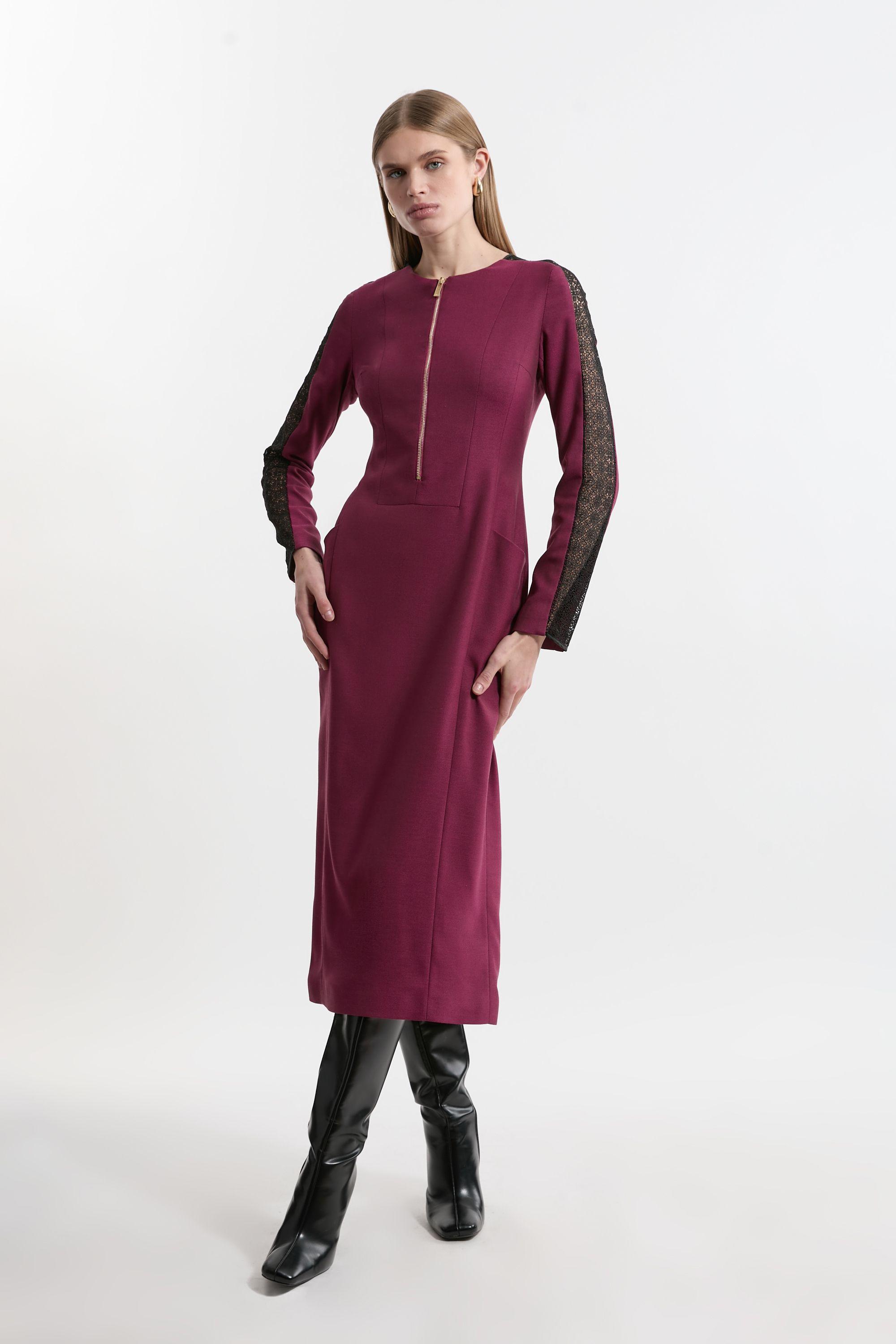 Tailored Twill Lace Mix Zip Front Midi Dress by KARENMILLEN