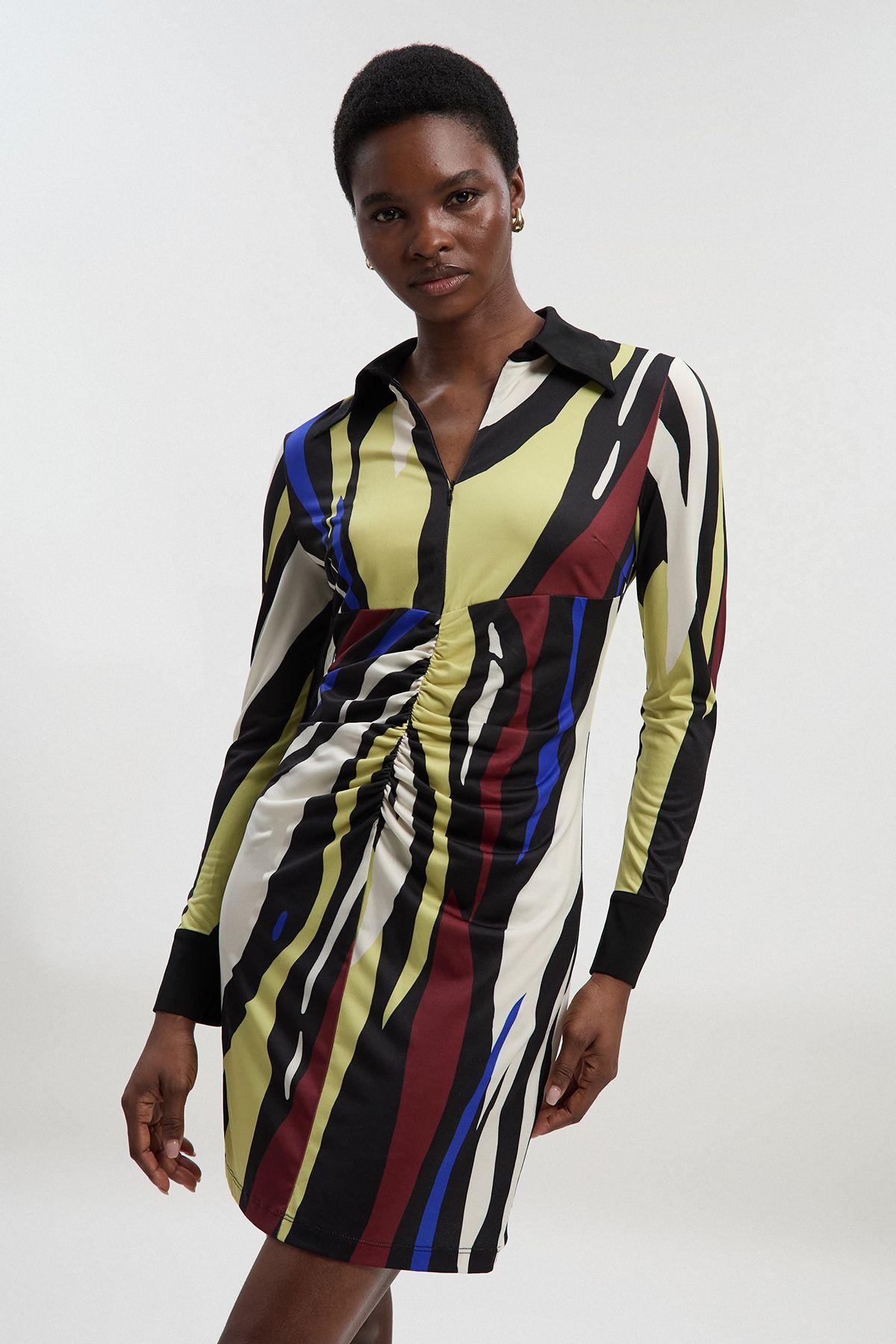 Tall Abstract Zebra Print Ruched Detail Collared Mini Crepe Shirt Dress by KARENMILLEN