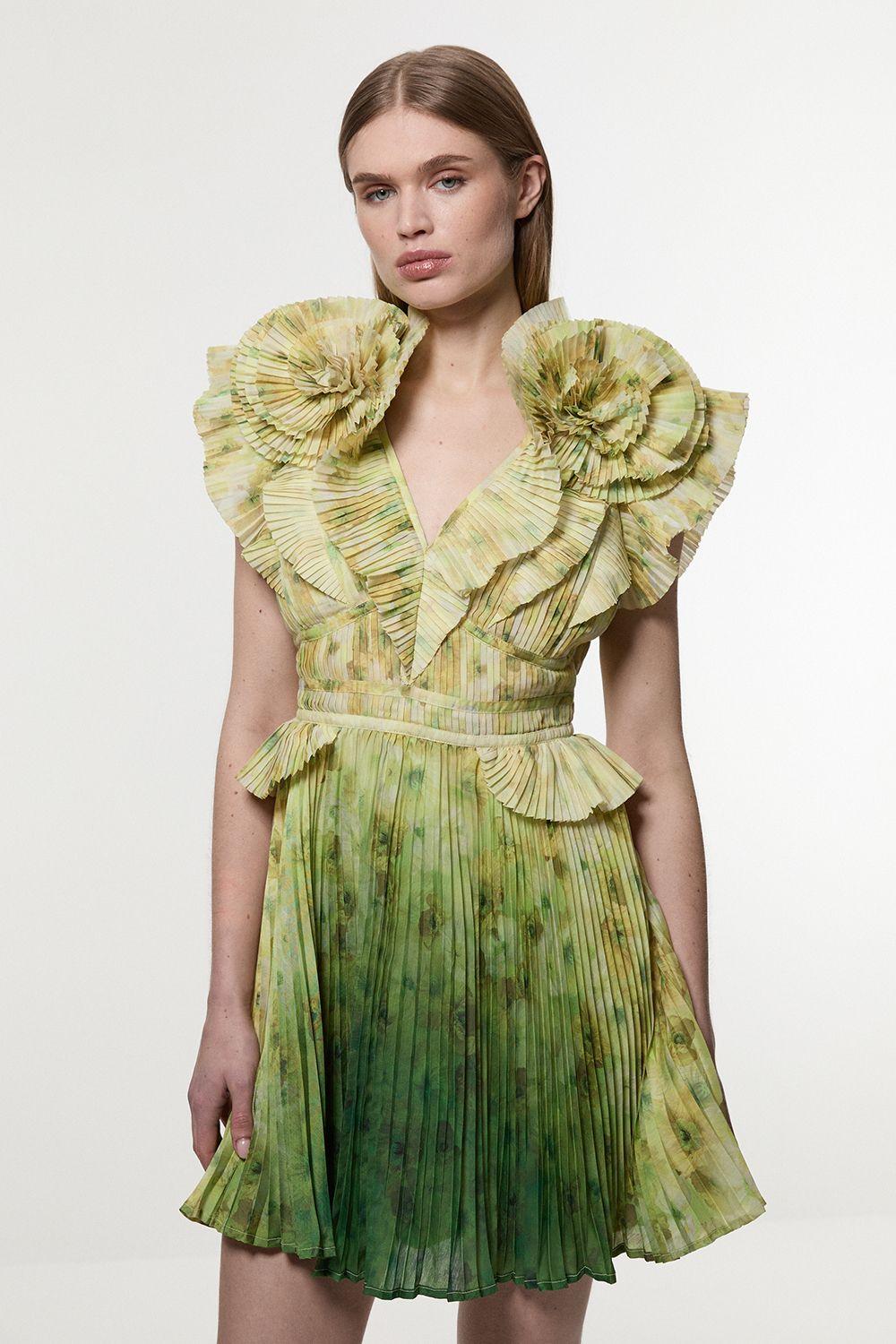 Tall Crinkle Pleat Border Print Mini Dress With Rosette Detail by KARENMILLEN