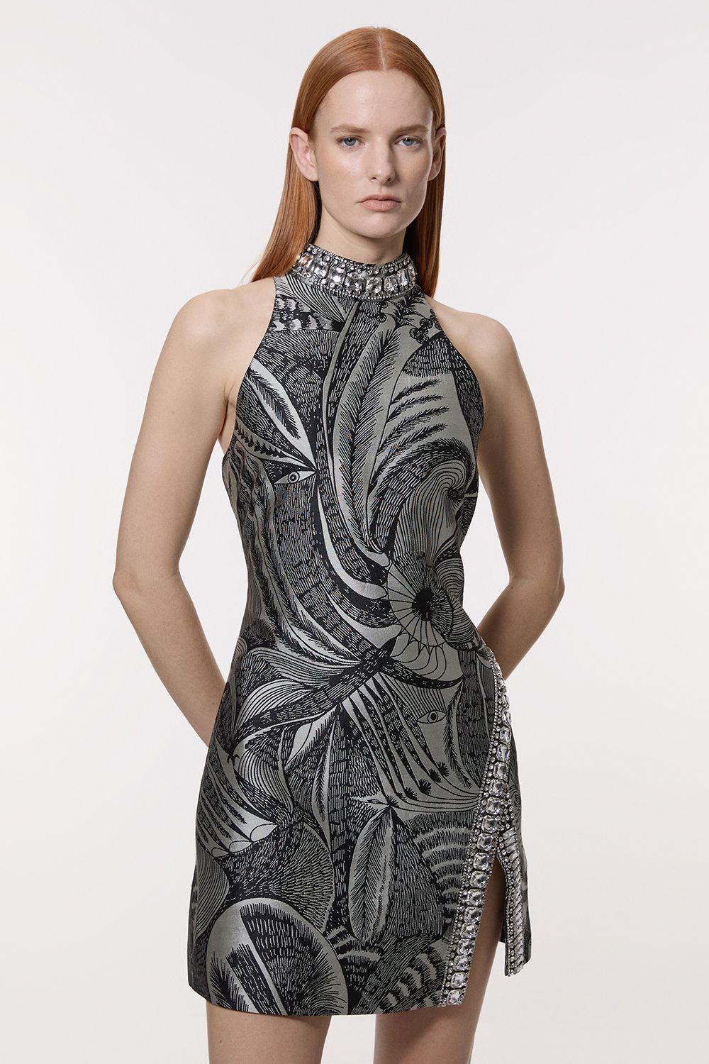 Tall Crystal Embellished Jacquard Woven Thigh Split Mini Dress by KARENMILLEN