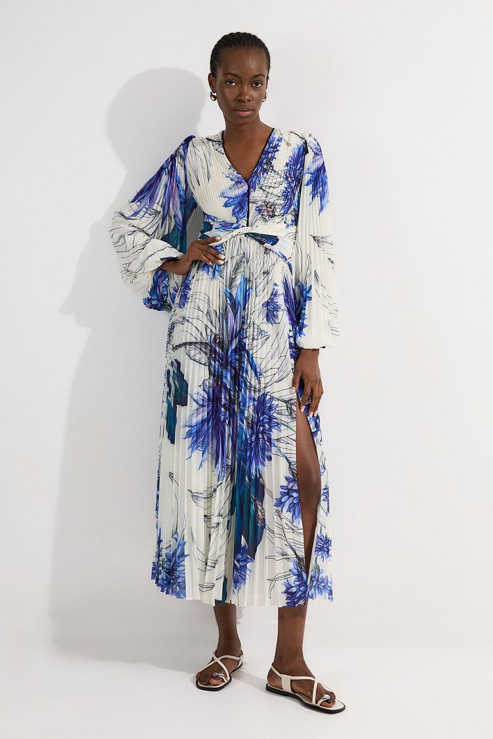 Tall Floral Balloon Sleeve Pleated Crinkle Cut Out Woven Maxi Dress by KARENMILLEN